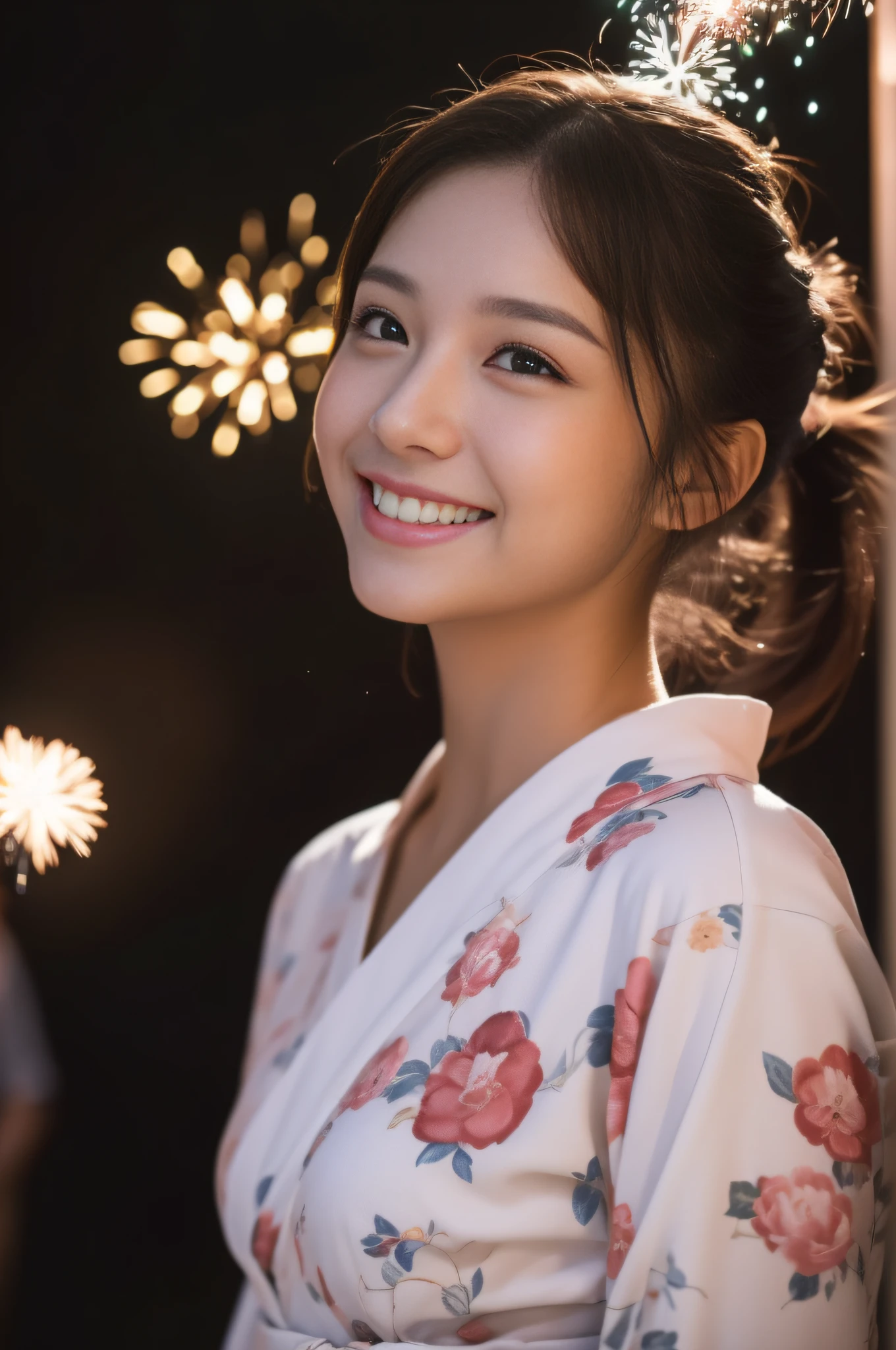 ((beste-Qualit))、((The ultra -The high-definition))、finely detail、(((Beautiful One Girl)))、extremely detailed eye and face、skyrocket、Yukata with a light floral pattern、Looking up at the fireworks、Shine in the eyes、Upbeat cheeks、A slight smile、poneyTail