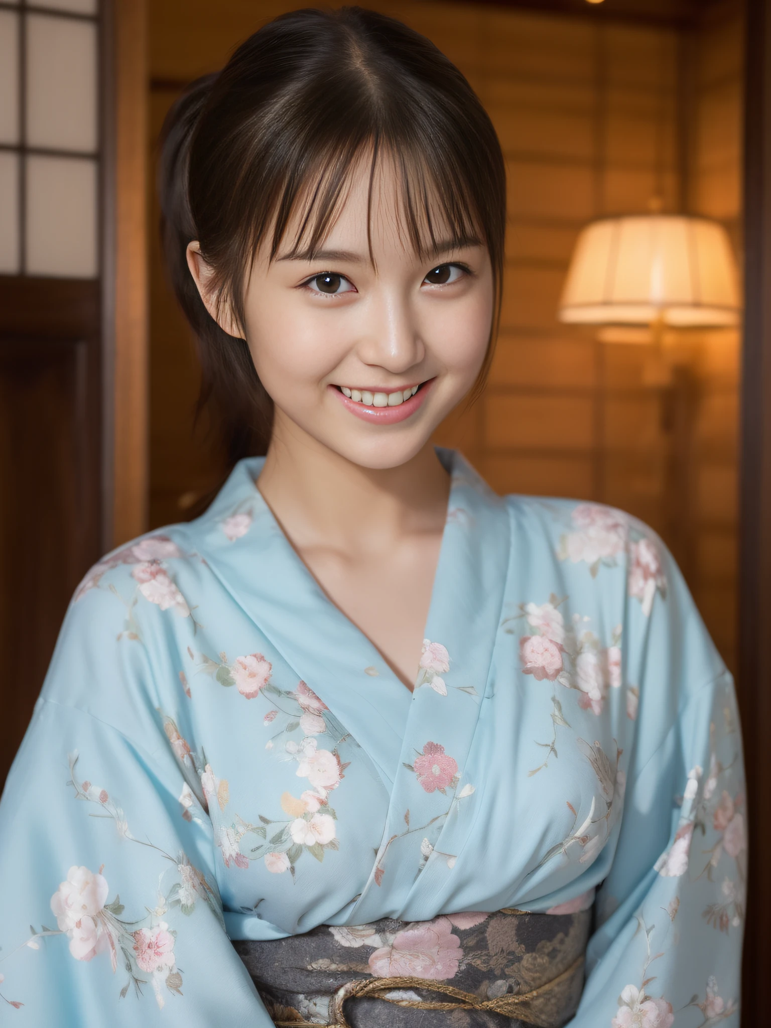 ((beste-Qualit))、((The ultra -The high-definition))finely detail、(((Beautiful One Girl)))、extremely detailed eye and face、Yukata with a light floral pattern、A slight smile、tea shop、poneyTail