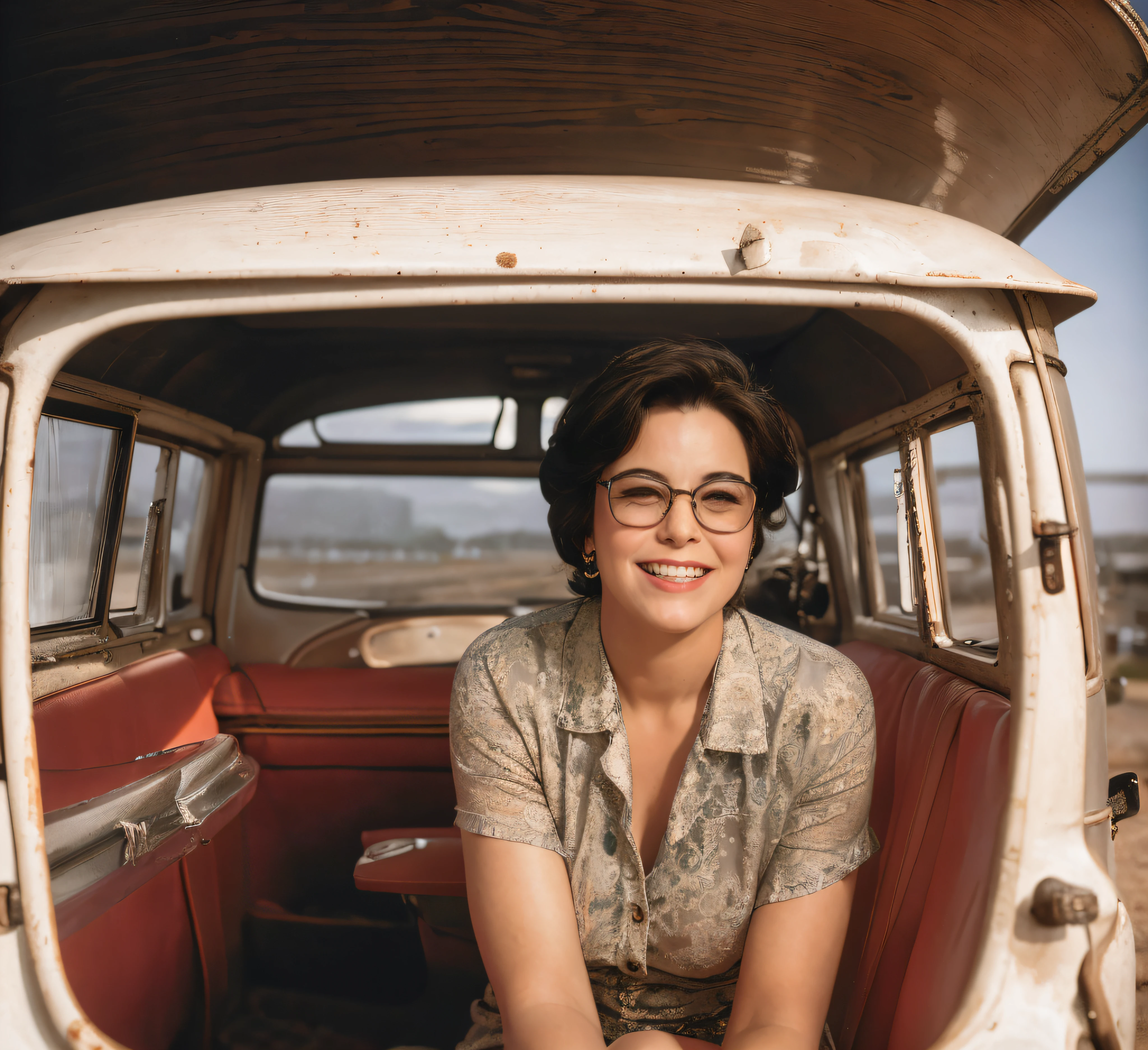 Elis Regina singer sitting in the back of a car with a smile, 1950s Smile, retro style 5 0 s, vintage color photo, 1 9 5 0 s Turismo de Americana, director: Henrik Weber, by Mads Mountain, portrait, 1950s Vibes, Retro Photography, 50s style, old color photo, Style 5 0s