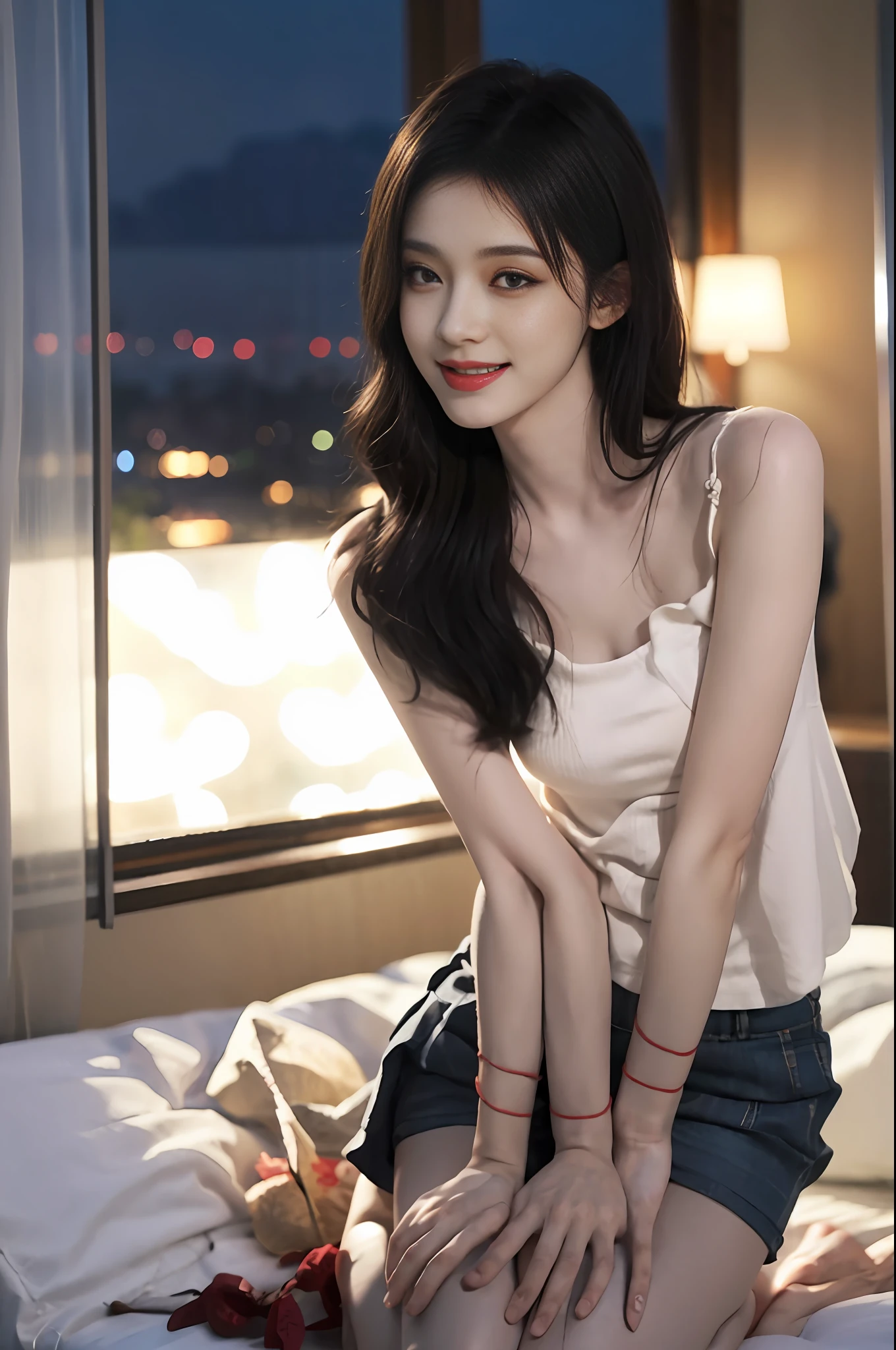 (Half eyes closed: 1.3, Eyes half closed: 1.3), 15 years old cute Korean, big round breasts, cleavage, cropped length tank top, skirt, beautiful eyes in detail, eyelashes, beautiful double eyelids, eyeshadow, hanging eyes, cut eyes, thin beautiful thighs, beautiful thin legs, perfect eye makeup, ((seductive smile, squeaky look, evil look)), high-rise hotel, Night view from the window, glass-walled room, kneeling on a big bed, brown hair,