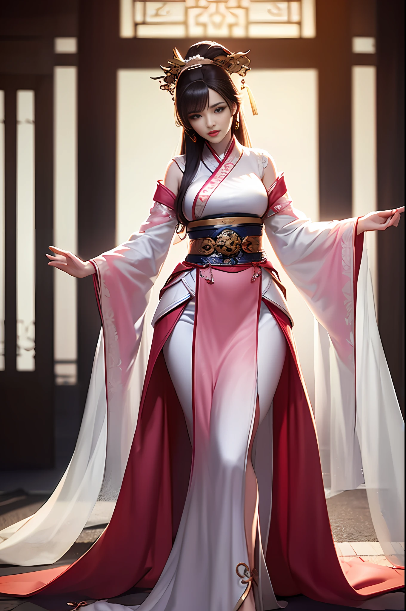 Best quality details, realistic,8K UHD, High definition, hyperdetailed, High quality detailed texture, High quality shadow, Detailed beautiful delicate face, Detailed beautiful delicate eyes, Depth of field, Ray tracing, perspective, 20's, only one person,
indoors,ancient china background, china patterns,
Pretty Kpop girl group,
head tilt, leg up, legs together, perfect body, lean body, medium breasts, thin waist, wide hips,
hair stick, hairpin, hair ornaments,
light smile, lovely face, slender face, fair white skin, glowing eyes, glossy lips, bags_under_eyes, pale pink lip, beautiful eyes, eyelashes, Thin lips, (noble girl), eyeshadow, makeup, eyeliner,
shawl, hagoromo, hanfu, detailed clothes,