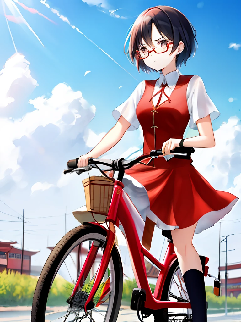 short hair style，Beauty in Xinjiang, China，red-tinted glasses，Saddened expression，riding bikes，