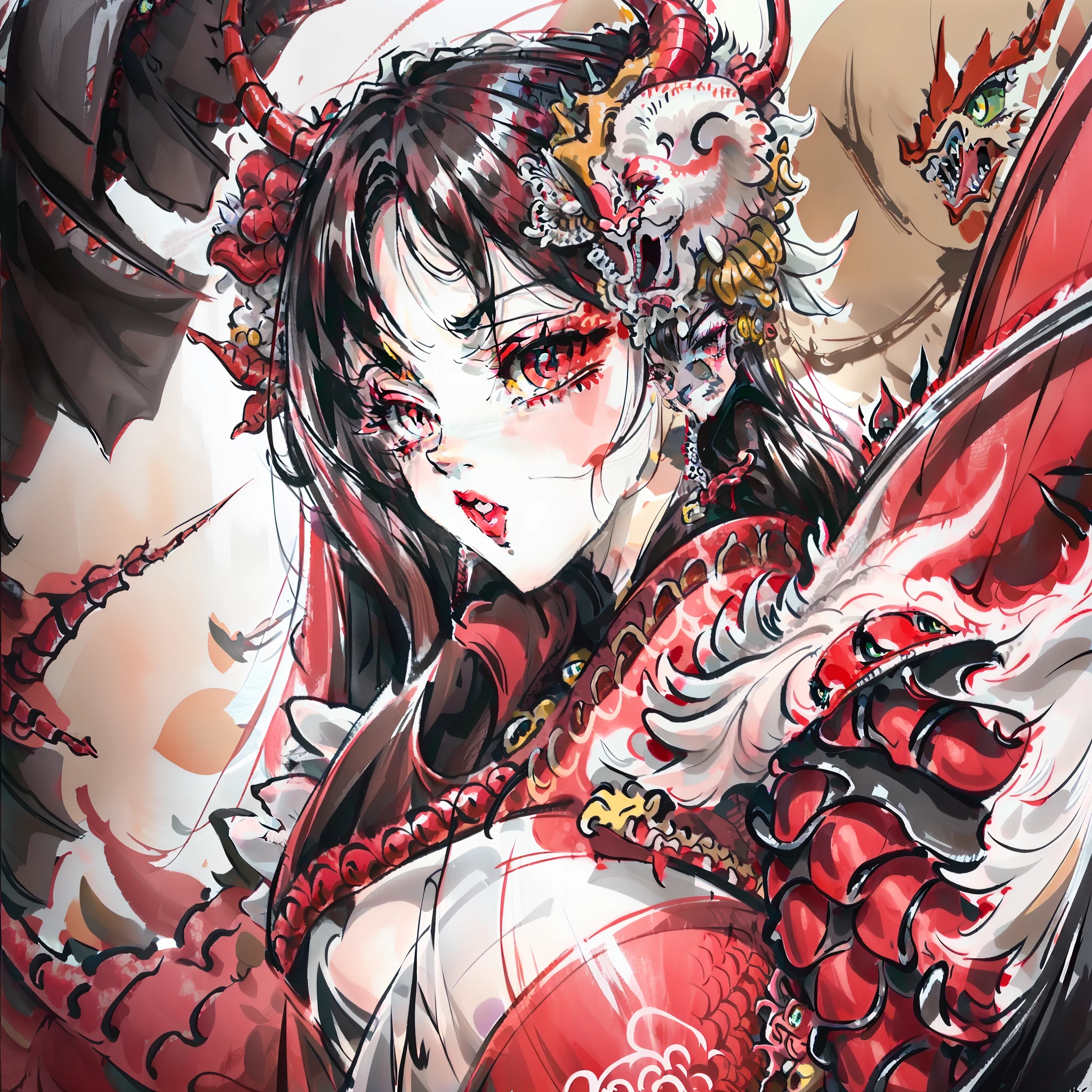 (shock), 8k wallpaper,(Beautiful women),(Red eyeliner:1.2),(Surrounded by dragons)