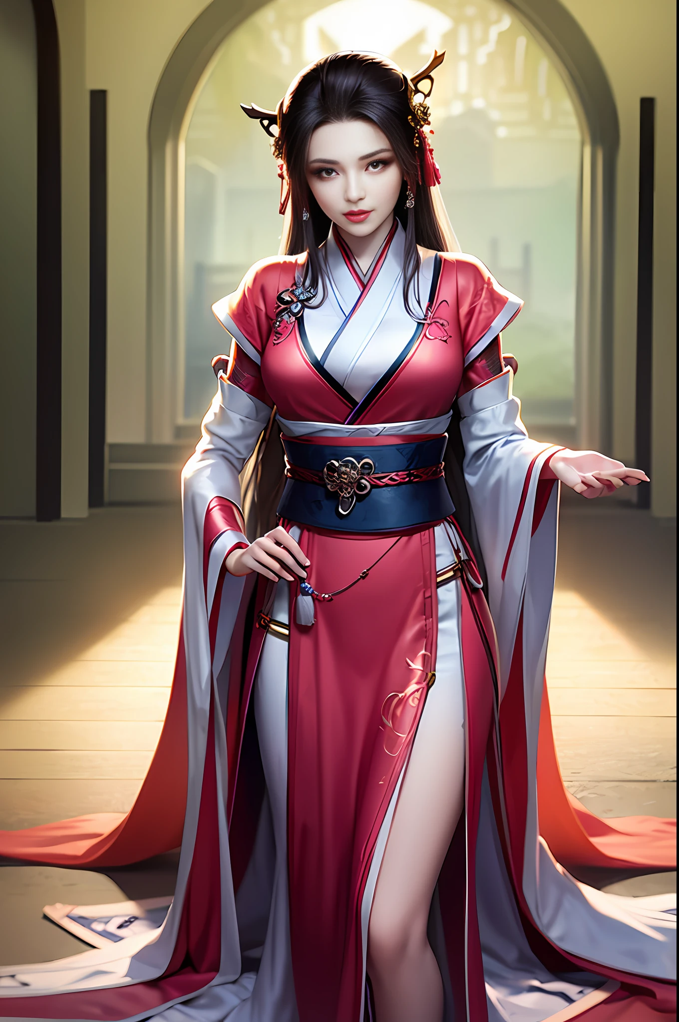 Best quality details, realistic,8K UHD, High definition, hyperdetailed, High quality detailed texture, High quality shadow, Detailed beautiful delicate face, Detailed beautiful delicate eyes, Depth of field, Ray tracing, perspective, 20's, only one person,
indoors,ancient china background, china patterns,
Pretty Kpop girl group,
head tilt, leg up, legs together, perfect body, lean body, medium breasts, thin waist, wide hips,
hair stick, hairpin, hair ornaments,
light smile, lovely face, slender face, fair white skin, glowing eyes, glossy lips, bags_under_eyes, pale pink lip, beautiful eyes, eyelashes, Thin lips, (noble girl), eyeshadow, makeup, eyeliner,
shawl, hagoromo, hanfu,  detailed clothes,