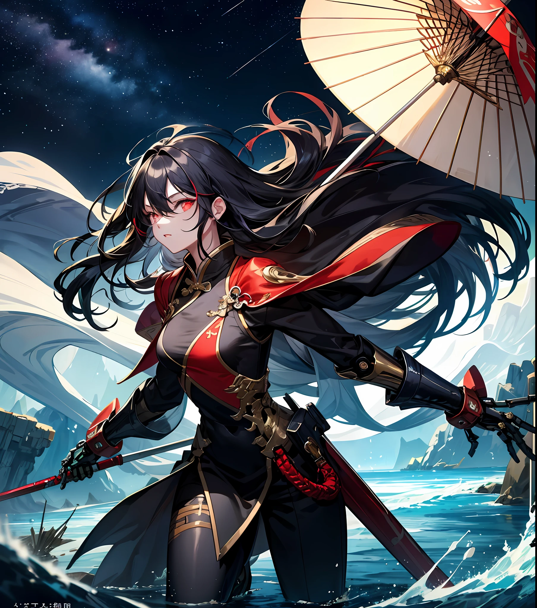 High-quality CG artwork at masterpiece level,Unusually detailed depiction of a costume dressed in retro Han elements、Elegant asian woman holding mechanical weapon with umbrella。She has long and dark hair,Covers the hair between the eyes,The red eyes have a random but attractive look,In modern wasteland buildings with ponds、Random movements are shown in the flowing water。Starry sky as the background,Brings out the unique atmosphere of the picture。