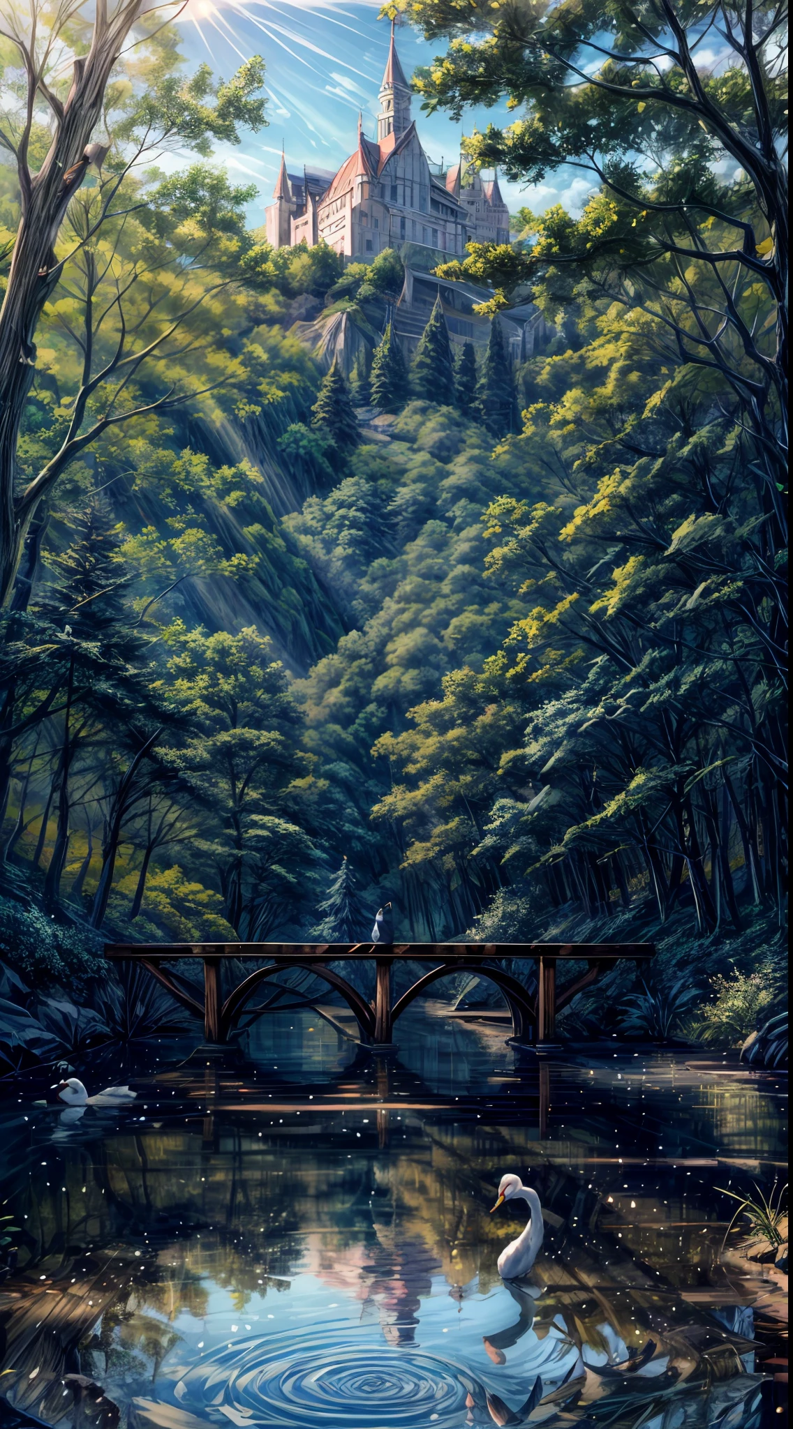 An enchanted forest, with green trees, a lake with crystal clear water passing in the middle, a wooden bridge crossing the lake, swans in the lake, sunlights crossing the forest, reflections of sun in the water, delicate iamgens, HD,