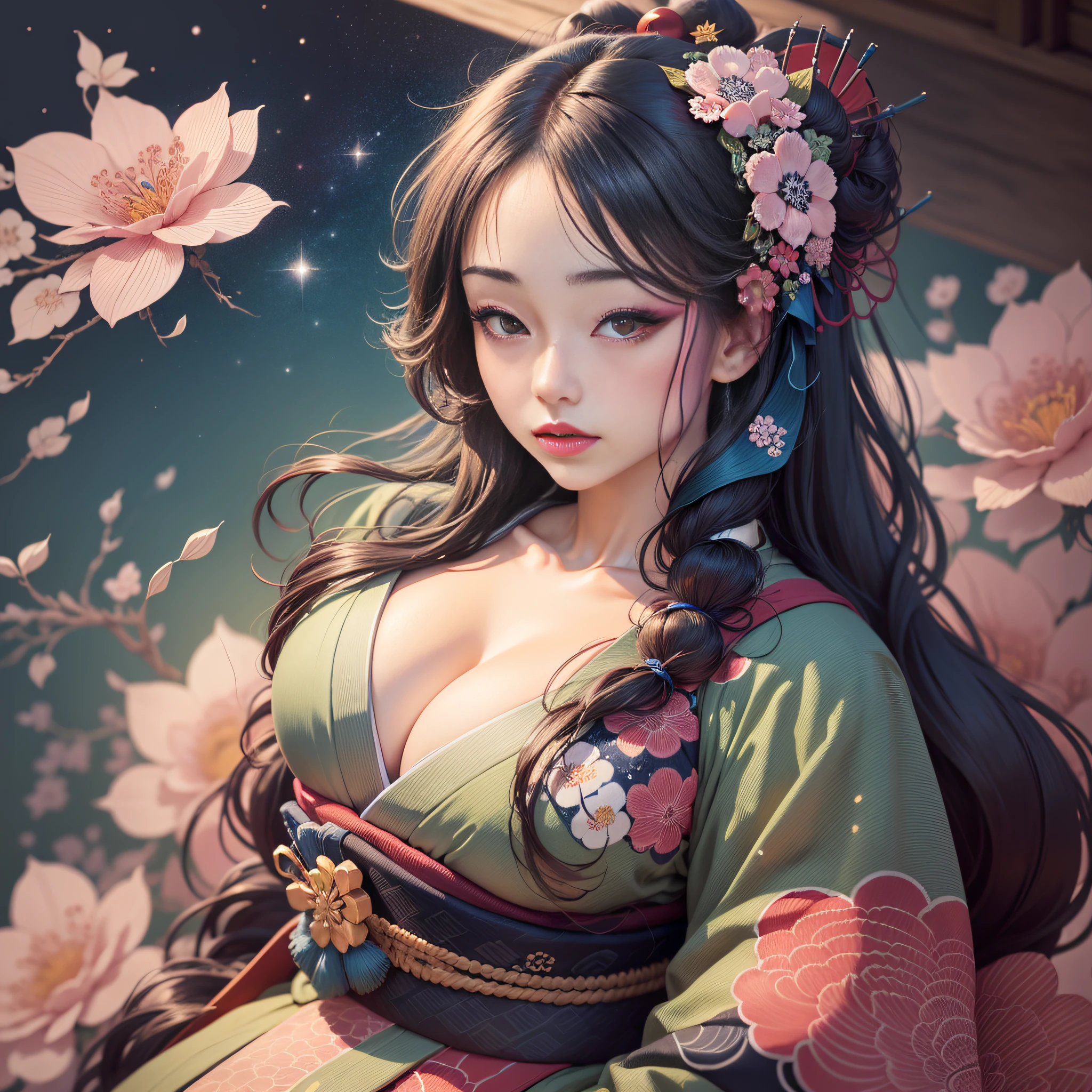 (Masterpiece, Best Quality:1.3), (thick lineart), (faux traditional media), official art, best illustration, (8k resolution), oiran, 1girl, mature female, solo, japanese clothes, breasts, obi, stylish, intricate, fantastic, fairytale, fantasy art, (detailed face), lying on a bed of flowers, on back, (lovely eyes, looking at viewer, lipstick), very long hair, voluminous, low ponytail, perfect, makeup, lovely, (details:1.2), camellia, various colors, vivid, colorful, shiny, sky, stars, lumen global illumination, (background in the style of Hokusai Katsushika:1.3), water, ripples, from above, depth of field, silhouette, highres