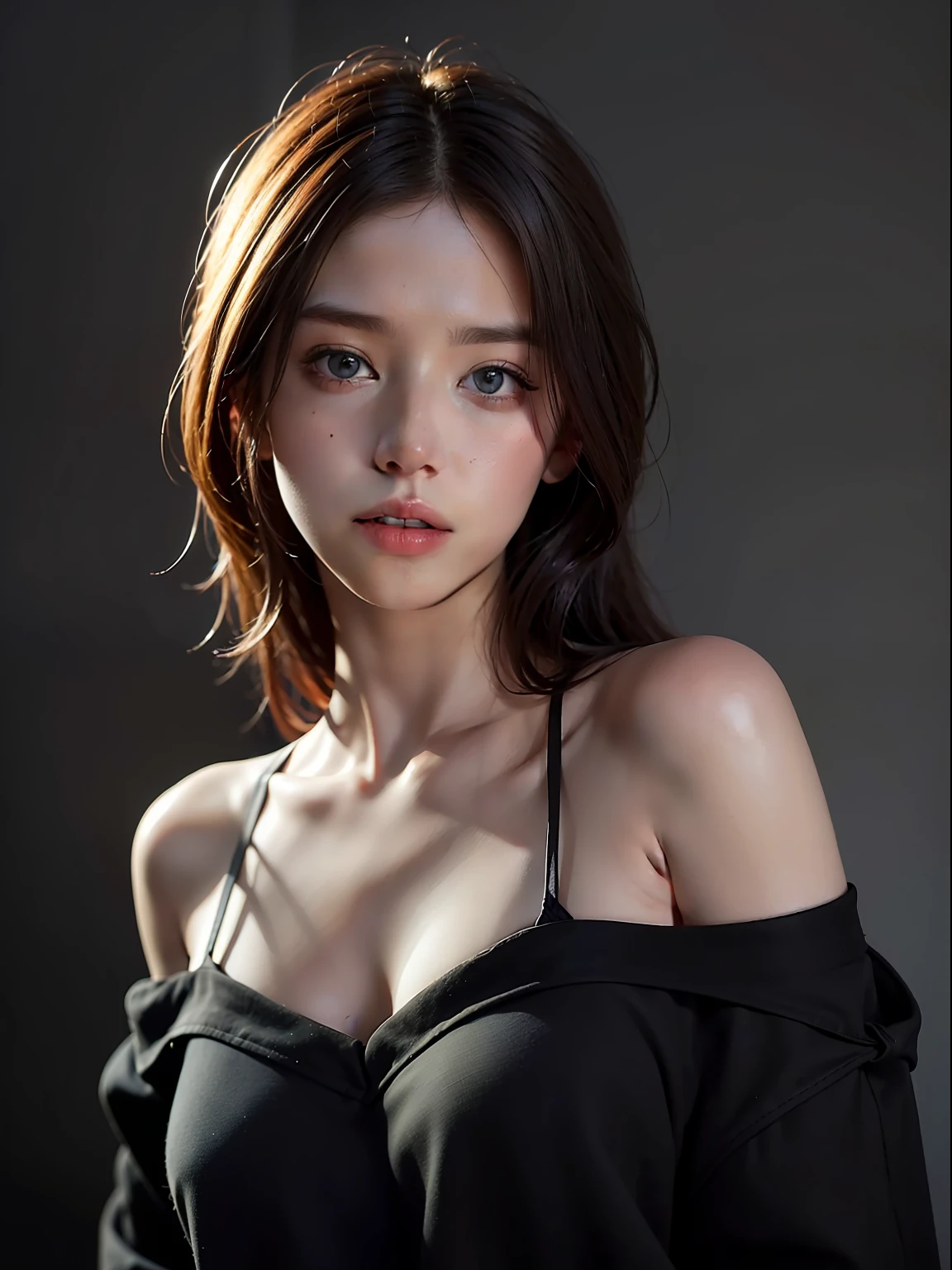 Best quality, masterpiece, ultra high res, (photorealistic:1.4), raw photo, 1girl, offshoulder, in the dark, deep shadow, low key, cold light