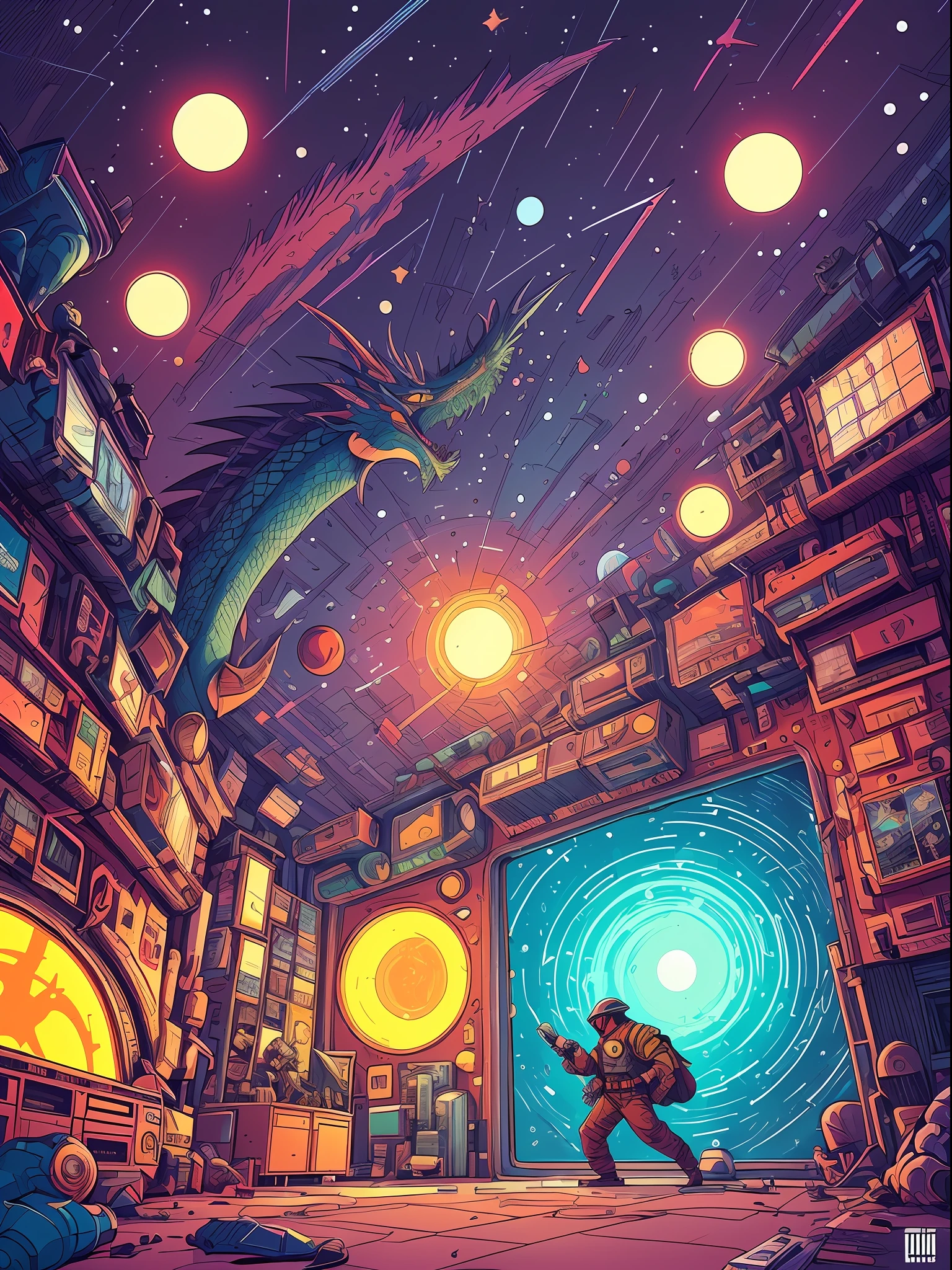 Photo of 1 dragon inside the space with a psychedelic backgroun, estilo de Laurie Greasley, ghibli studio, Akira Toriyama, Tiago Gilleard, Impacto Genshin, trending pixiv fanbox, 8k, cores vibrantes, Devinart, trending in the artstation