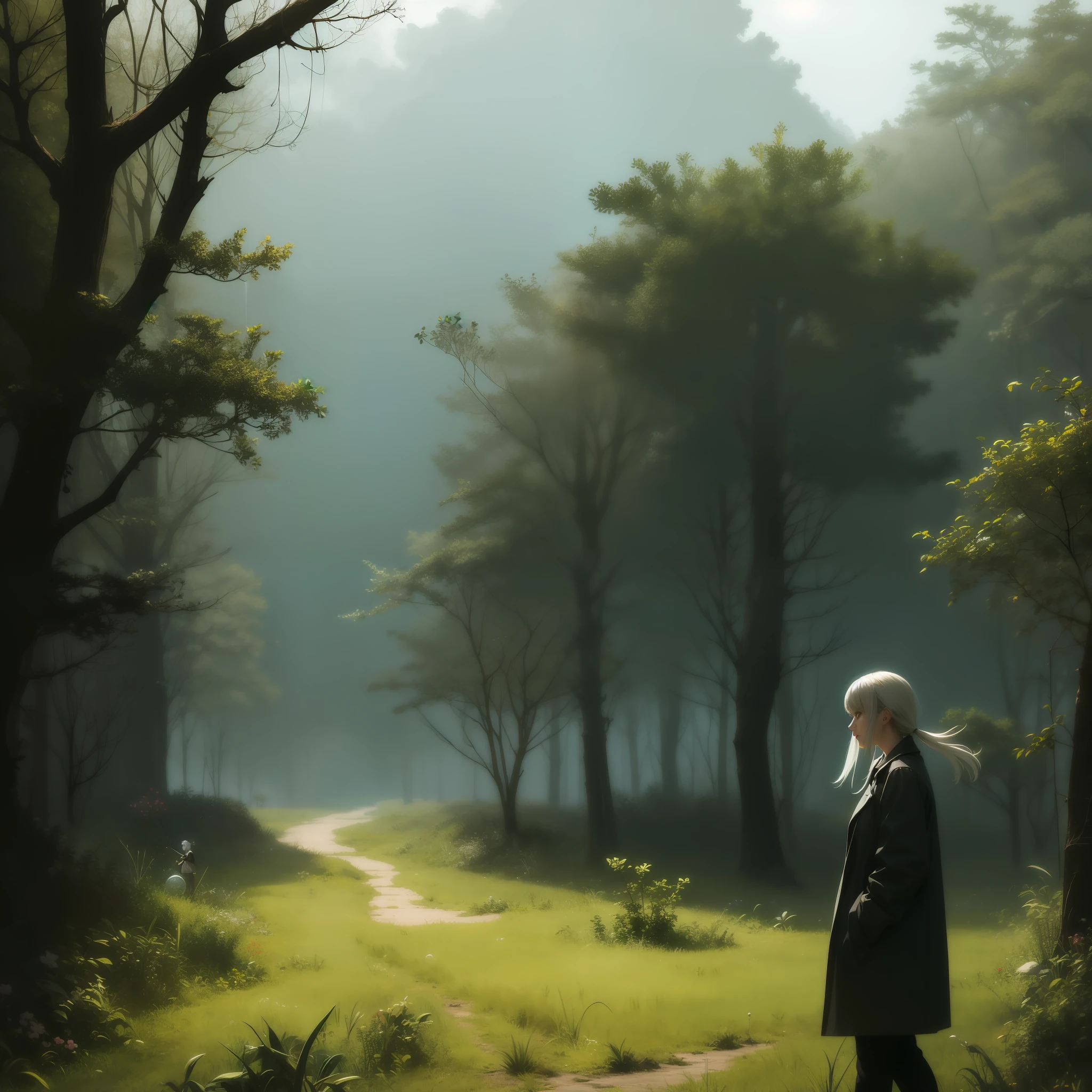 A woman with white hair and a black jacket walks in a deserted wild overgrown area,rainy days,Machinary,Technologie,A beautiful masterpiece