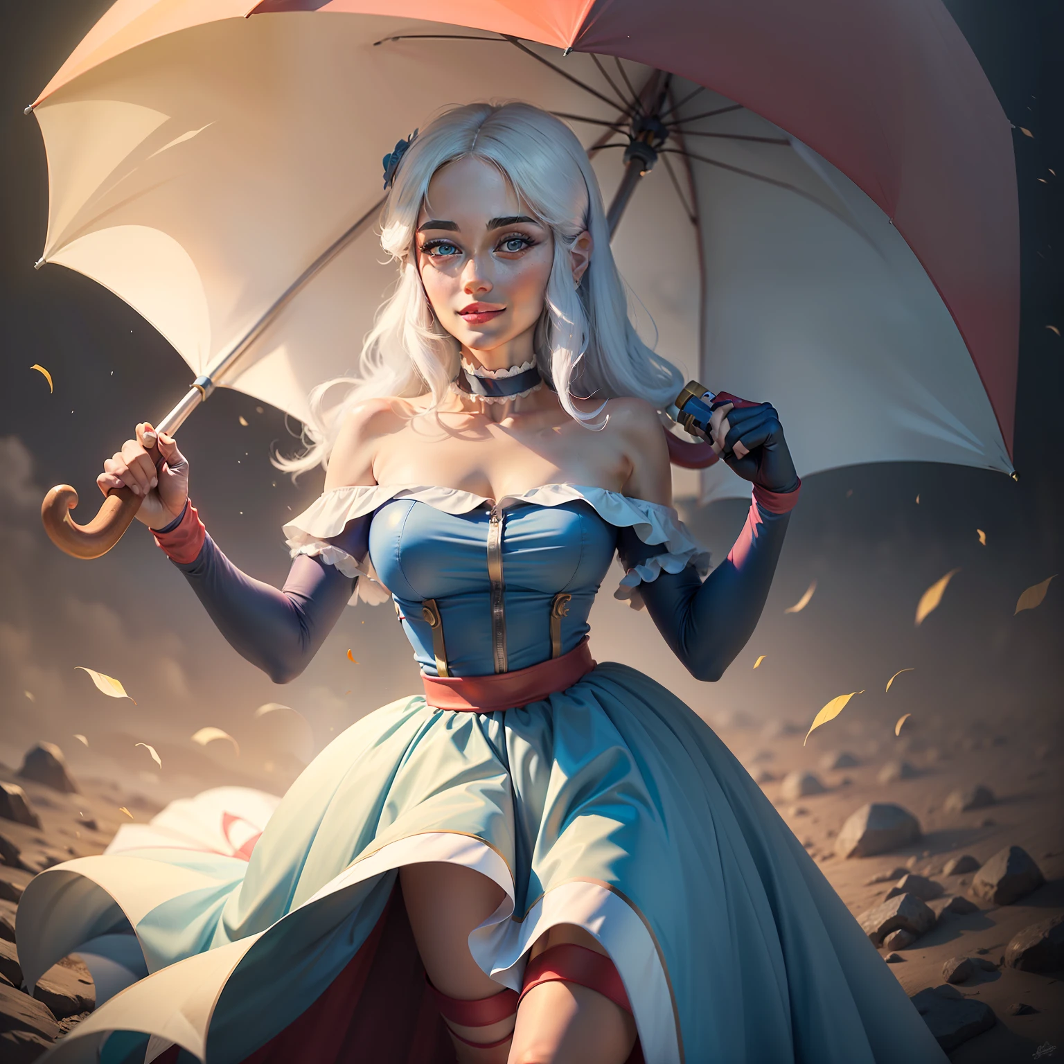 (masterpiece, best quality:1.2), cowboy shot, solo, 1girl, piper, smile, looking at viewer, holding umbrella, long  white hair, cloth translucent by the neck, blue eyes, yellow off-shoulder dress, sleeveless, red thigh strap, black elbow gloves, fingerless gloves