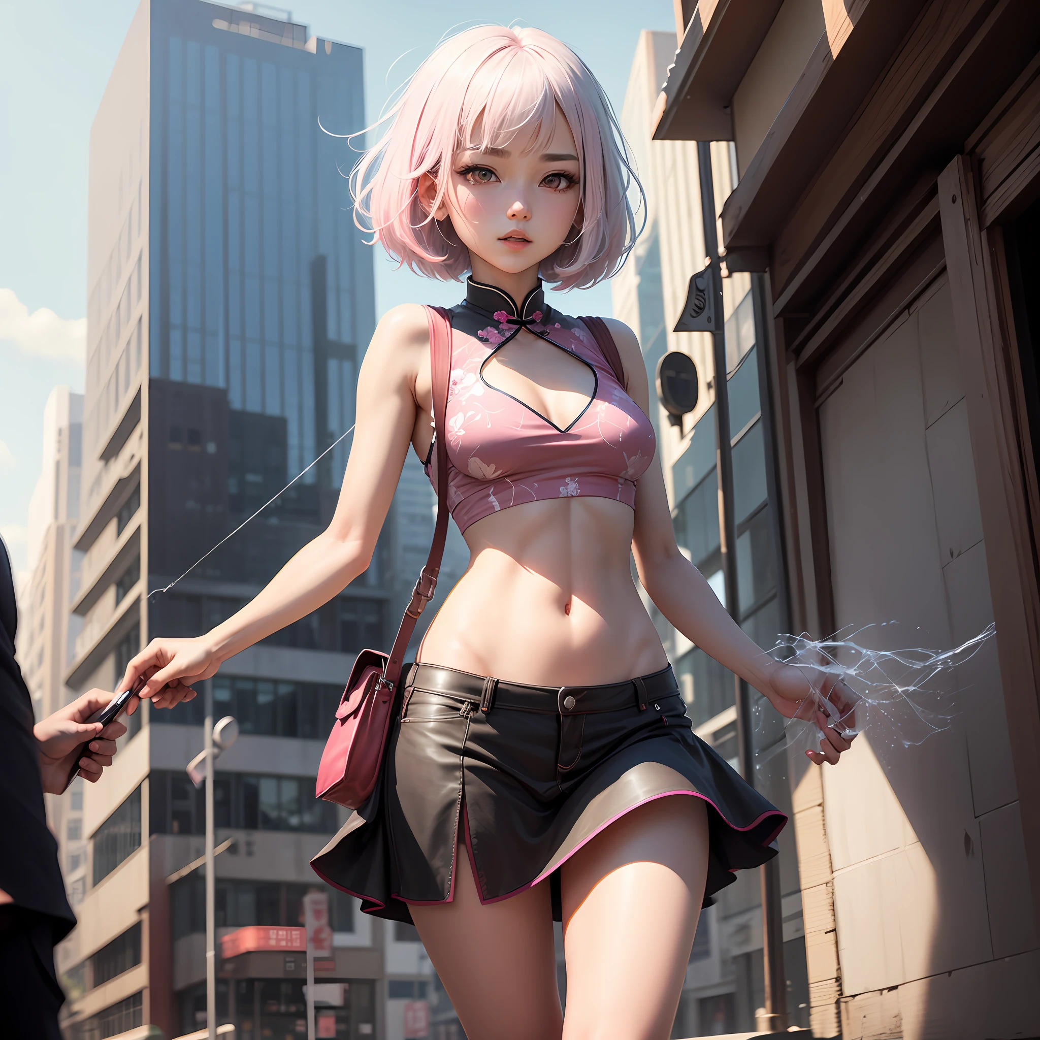 Traditional Chinese painting , A girl with, Pink hair, bob-cut hair, Pink eyes, Small lively breasts, (tmasterpiece,best qualtiy), intriciate detail, 8k, artstation, the wallpaper, offcial art, splashart, tack sharp focus, 1girll,Ayane Nakiri,length hair,Twin-tailed,red eyes,White hair, Spider set,Cobweb print,spiderwebs, skyscrapper, oras, buildings, The Car, the street,,the front view