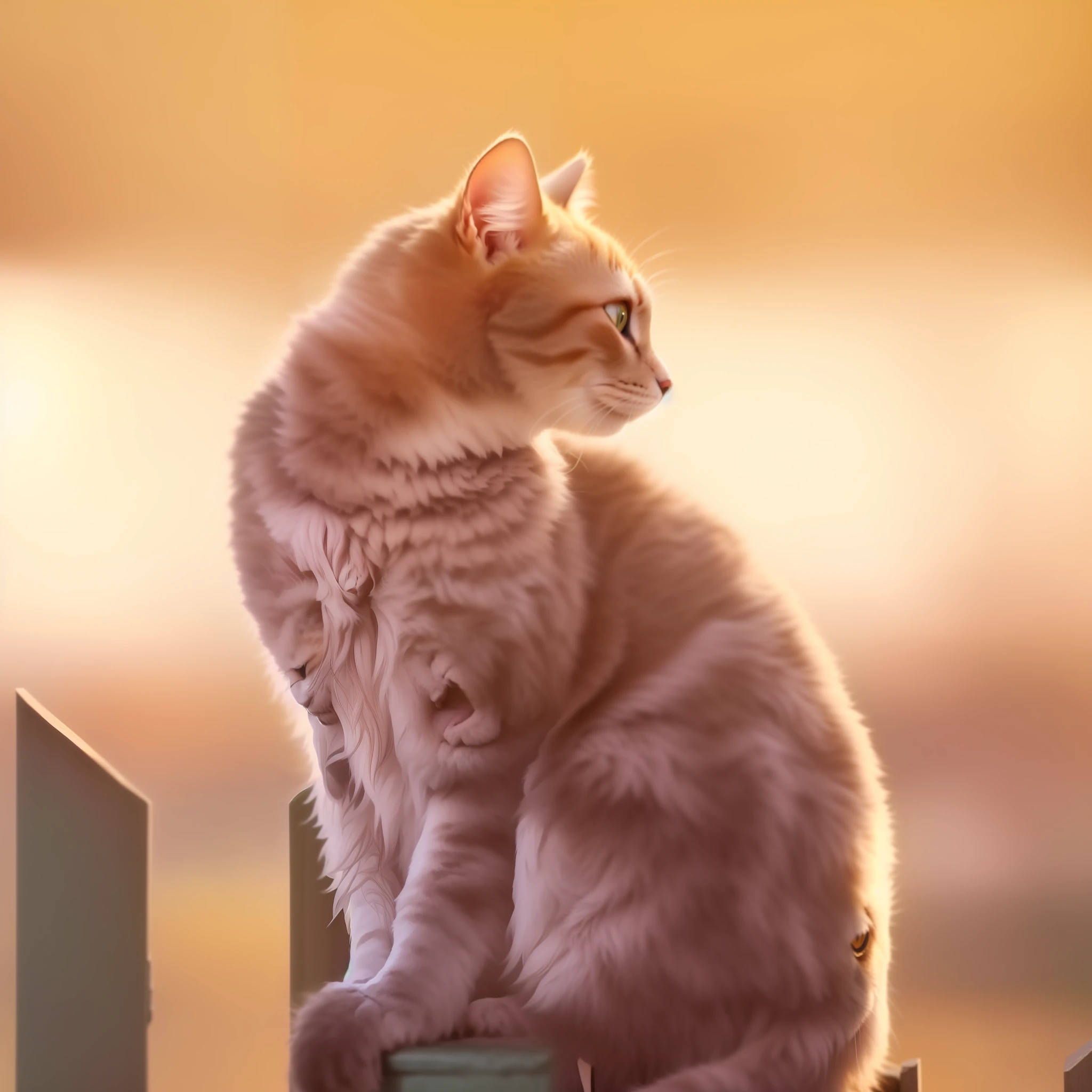 there is a cat sitting on a fence looking at the sun, watching the sunset, beautiful cat, awesome cat, golden morning light, looking out at a sunset, peaceful expression, Deep in thought, In the sun, thoughtful pose, in the golden hour, cute cat photo, Thoughtful ), A cute cat, Cute cat, sunny amber morning light, warm sundown，The pupils are large