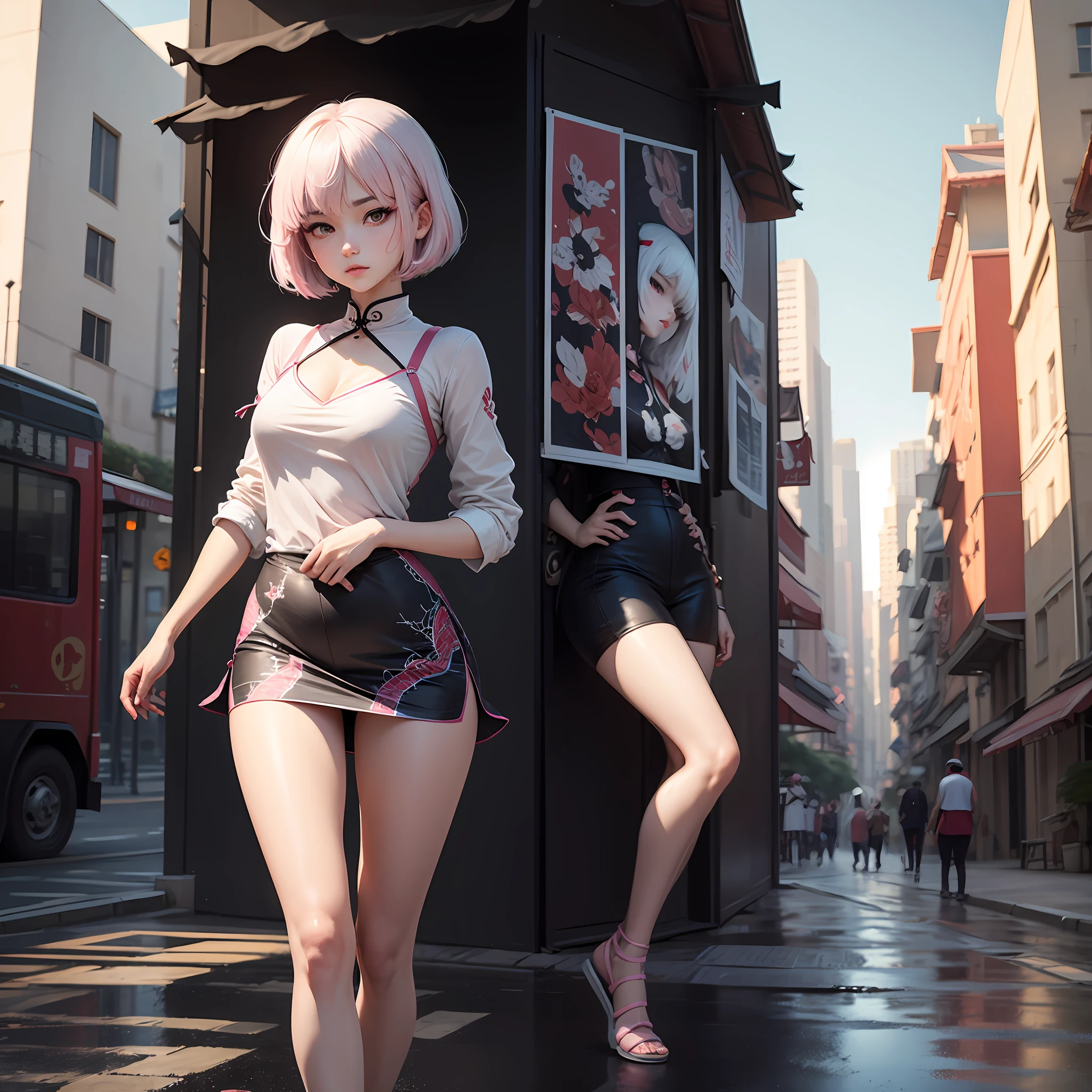 Traditional Chinese painting , A girl with, Pink hair, bob-cut hair, Pink eyes, Small lively breasts, (tmasterpiece,best qualtiy), intriciate detail, 8k, artstation, the wallpaper, offcial art, splashart, tack sharp focus, 1girll,Ayane Nakiri,length hair,Twin-tailed,red eyes,White hair, Spider set,Cobweb print,spiderwebs, skyscrapper, oras, buildings, The Car, the street,,the front view