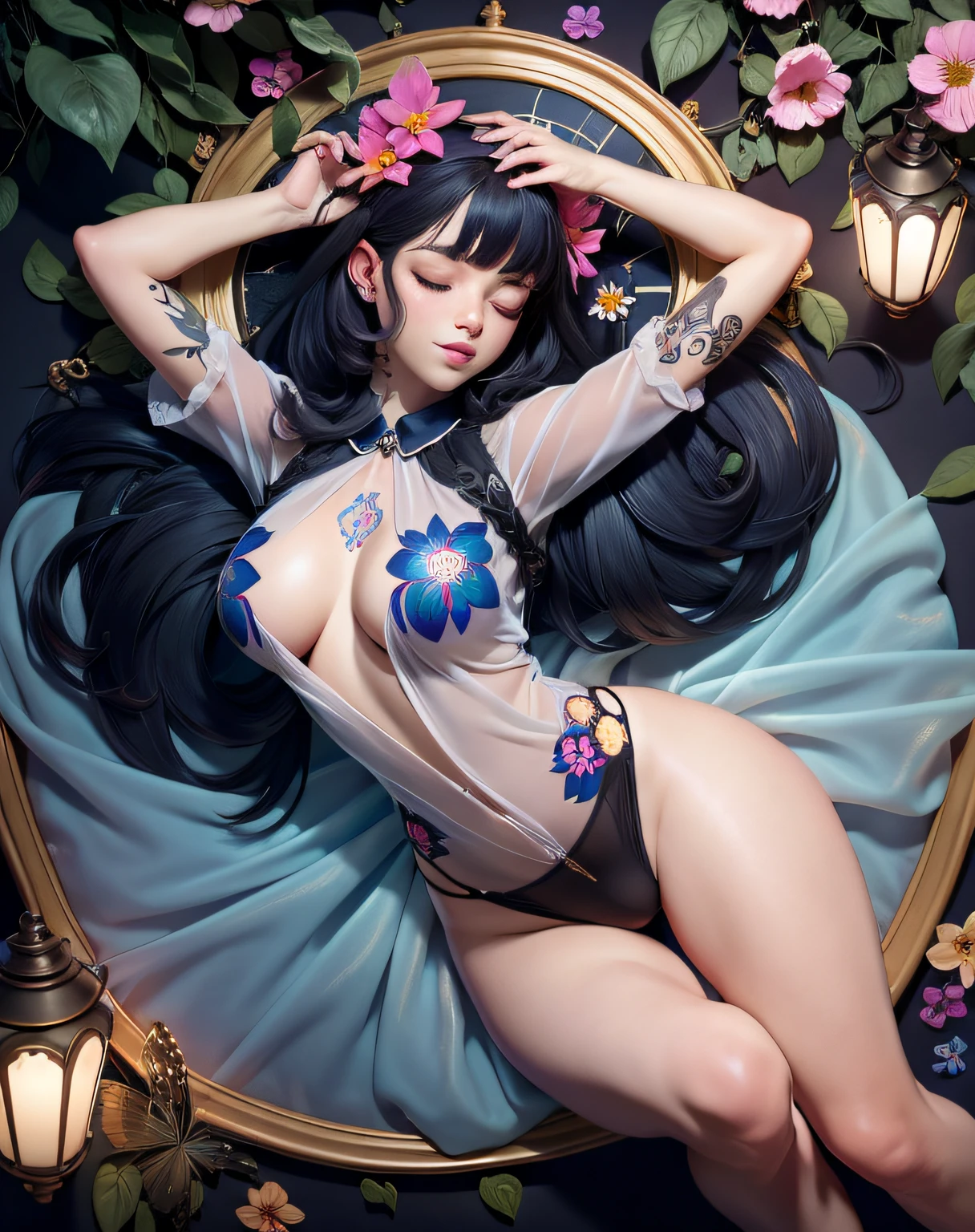 1sexy girl with forest clothes, flowers, leaves, mandalas, fractal,, Sleeping Beauty, by Bella🦋 full body, beautiful girl sleeping, room with mirror, girl sleeping on bed and sheets, old clock and lamp on table, full body, black hair, Transparent clothing,open legs, view of pubic hair, 1 sexy girl in transparent forest clothes,exposed breasts, open transparent t-shirt,mandala and flower tattoos, La mejor calidad, Obra maestra, llustration, muy delicado y hermoso, muy detallado, CG, Unidad, Fondo de pantalla de 8k, ridiculous, huge filesize, lente muy ancha, Luz suave,Sleeping Beauty, by Bella🦋 full body, beautiful girl sleeping, full body, black hair, Transparent clothing, slight smile,, open legs, view of pubic hair, 1 sexy girl in transparent forest clothes,exposed breasts, open transparent t-shirt,mandala and flower tattoos, La mejor calidad,