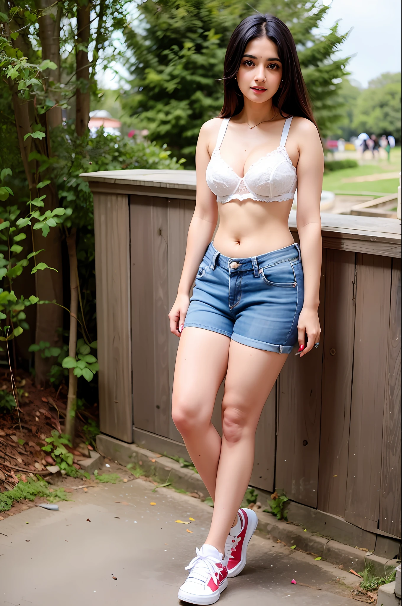 Shuruti haseen. Indian actress, sexy liok, hot bra, short jeans, white air sneakers, forest