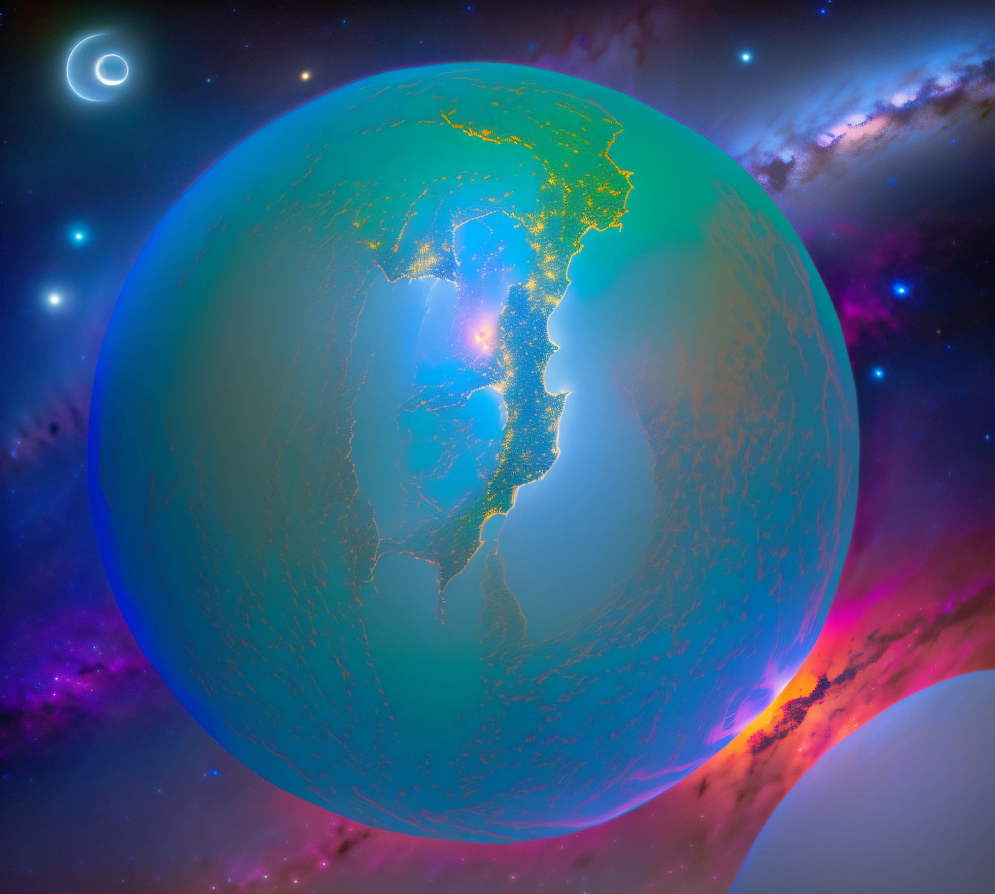 a planet at night, green and turquoise clouds, city lights are visible