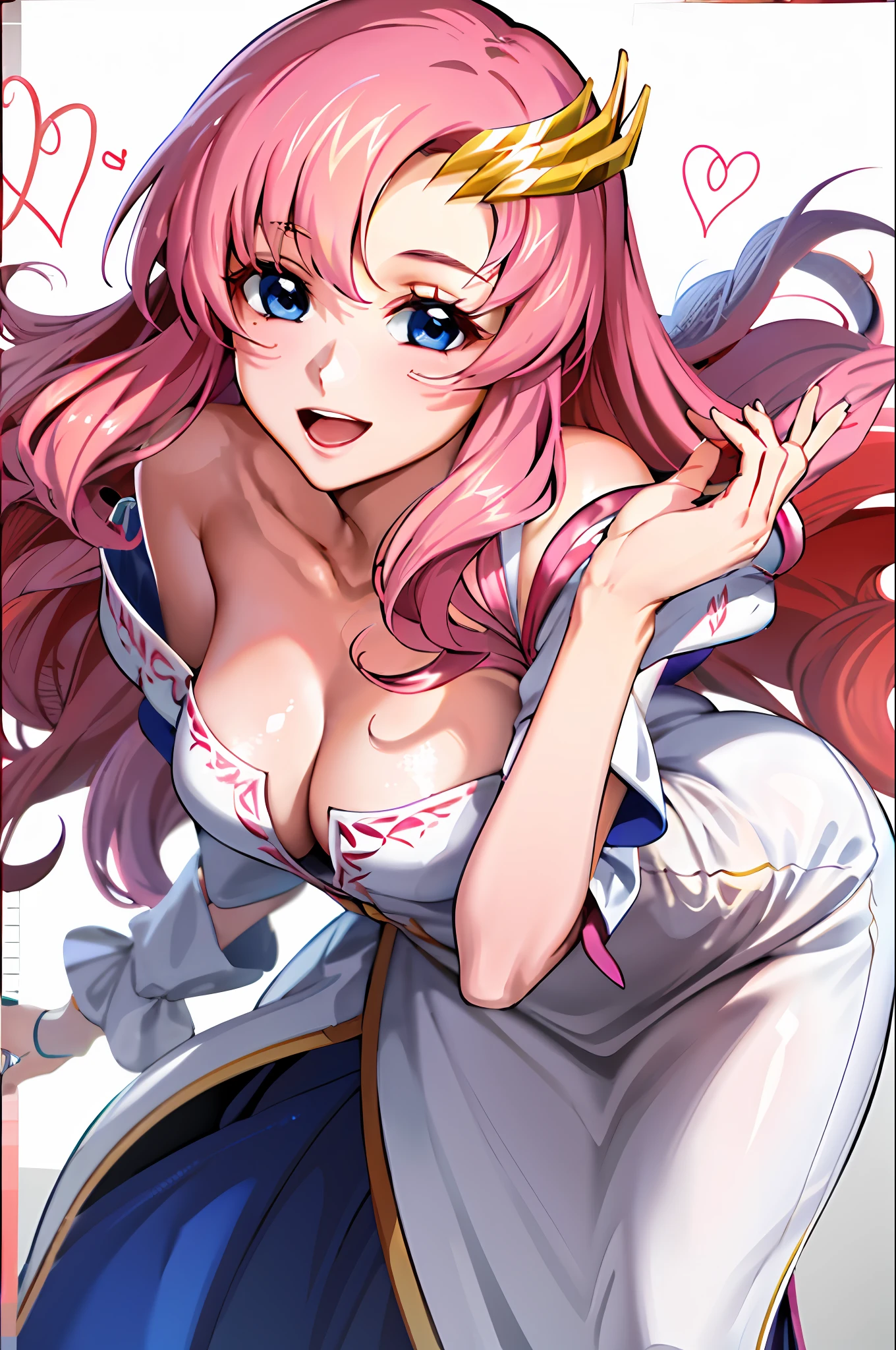 (masterpiece, 4k, best quality, anime style: 1.9, thunder1928, detailed face, tall, mature woman, lovely, (white background), drawing lines, highres, anime, lacus4. white dress with pink design), 1girl, solo, curvy figure, long hair, clavicle, shoulder bone, wavy hair, thighs, hair ornament, pink hair, cleavage, big hands, big blue eyes, off-shoulder, MEDIUM breasts, smile, open mouth very much, very slim belly, stretching hands, leaning forward, very happy, potrait