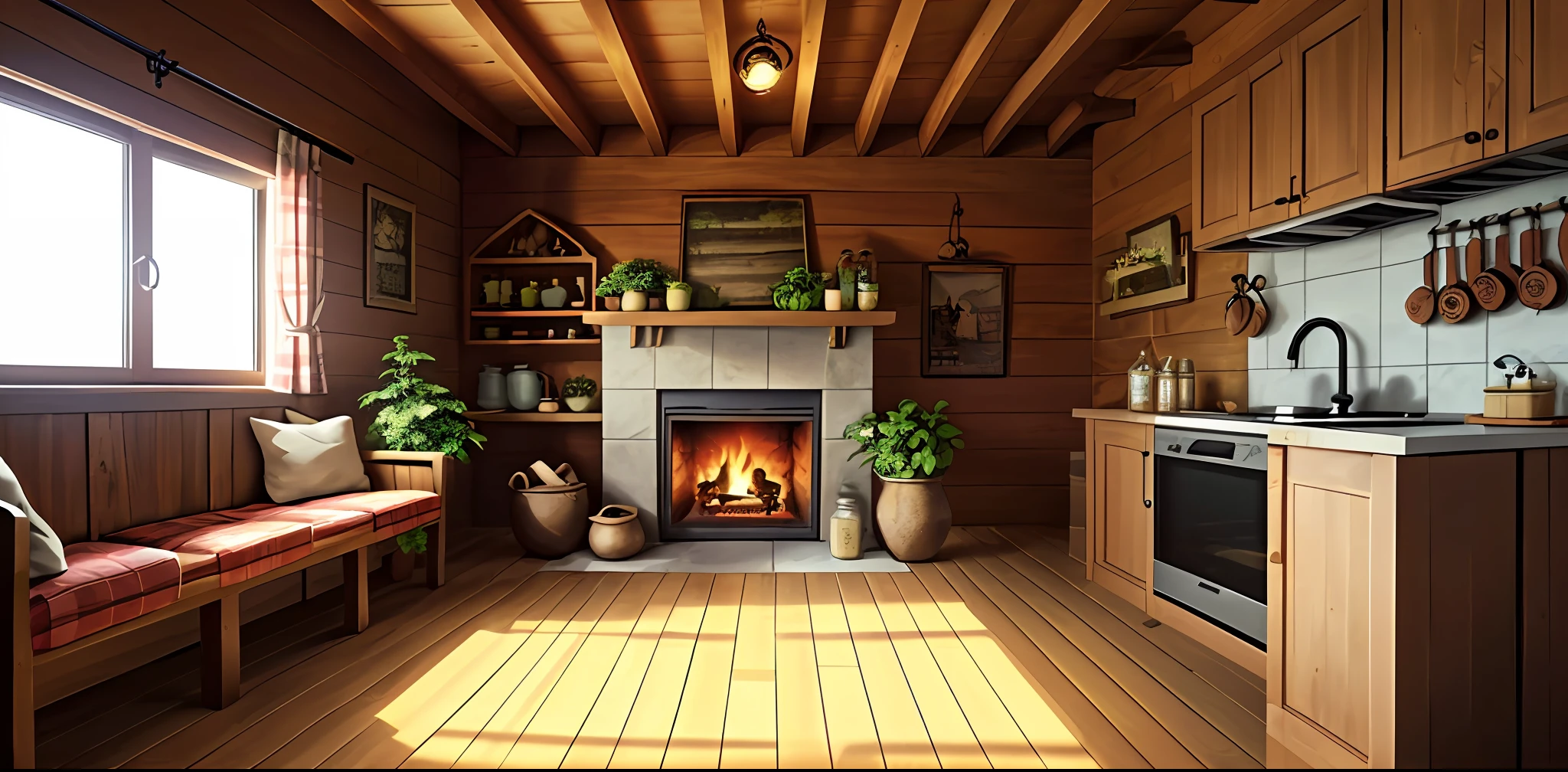 Create a cozy illustration of the interior of the wooden house. Ao entrar, You are faced with a warm and inviting environment. The walls are clad in wood, exalando um aroma suave e natural. Na sala principal, There is a crackling fireplace, emanando um calor reconfortante.

No canto direito da sala, destaque um estoque de comidinhas e bebidas cuidadosamente organizado. Em uma prateleira de madeira robusta, Several homemade preserves are arranged, como potes de geleias coloridas e compotas de frutas frescas. Ao lado delas, There is a selection of delicious homemade cookies, dispostos em um pote de vidro.

Logo abaixo, uma pequena adega exibe garrafas de vinho e outras bebidas, todas devidamente etiquetadas. The labels convey the feeling of quality and variety, inviting you to taste the flavors of the region.

No centro da sala, A solid wood table is set with a plaid towel and plates filled with homemade delicacies. There is a jar with fresh juice and glasses waiting for visitors. The room is illuminated by a soft light coming from a window, enhancing the colors and textures of food.

The feeling in the air is one of warmth and abundance, convidando os visitantes a se sentarem e desfrutarem de momentos de compartilhamento e alegria. The stock of food and drinks is a real treasure, which represents the care and dedication of those who inhabit the little house.

Ao fundo, You can catch a glimpse of a door ajar, revelando um vislumbre da deslumbrante paisagem natural que cerca a casinha. The harmony between the interior and the outer nature conveys a sense of peace and connection with the surrounding environment