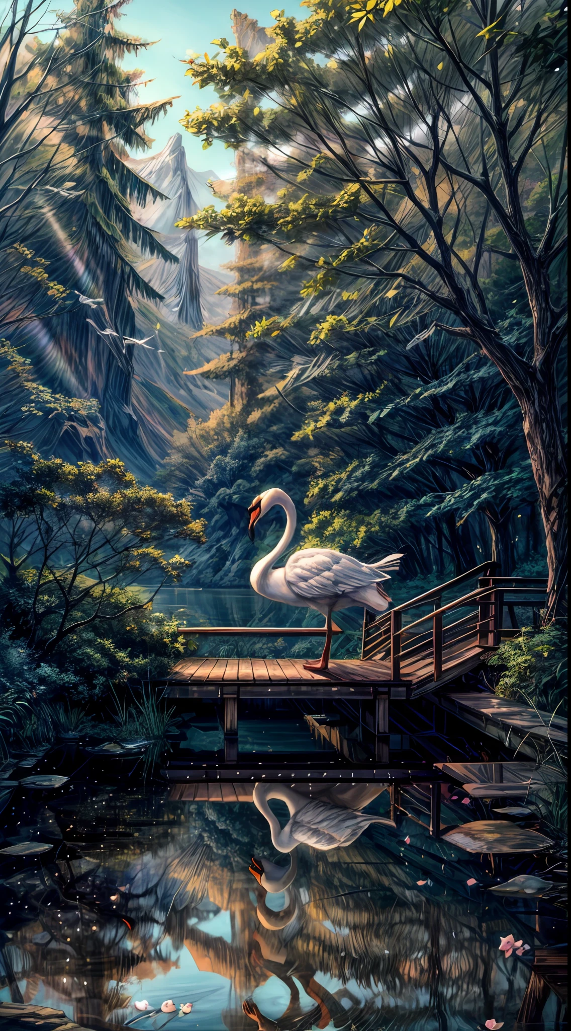 An enchanted forest, with green trees, a lake with crystal clear water passing in the middle, a wooden bridge crossing the lake, swans in the lake, sunlights crossing the forest, reflections of sun in the water, delicate iamgens, HD,