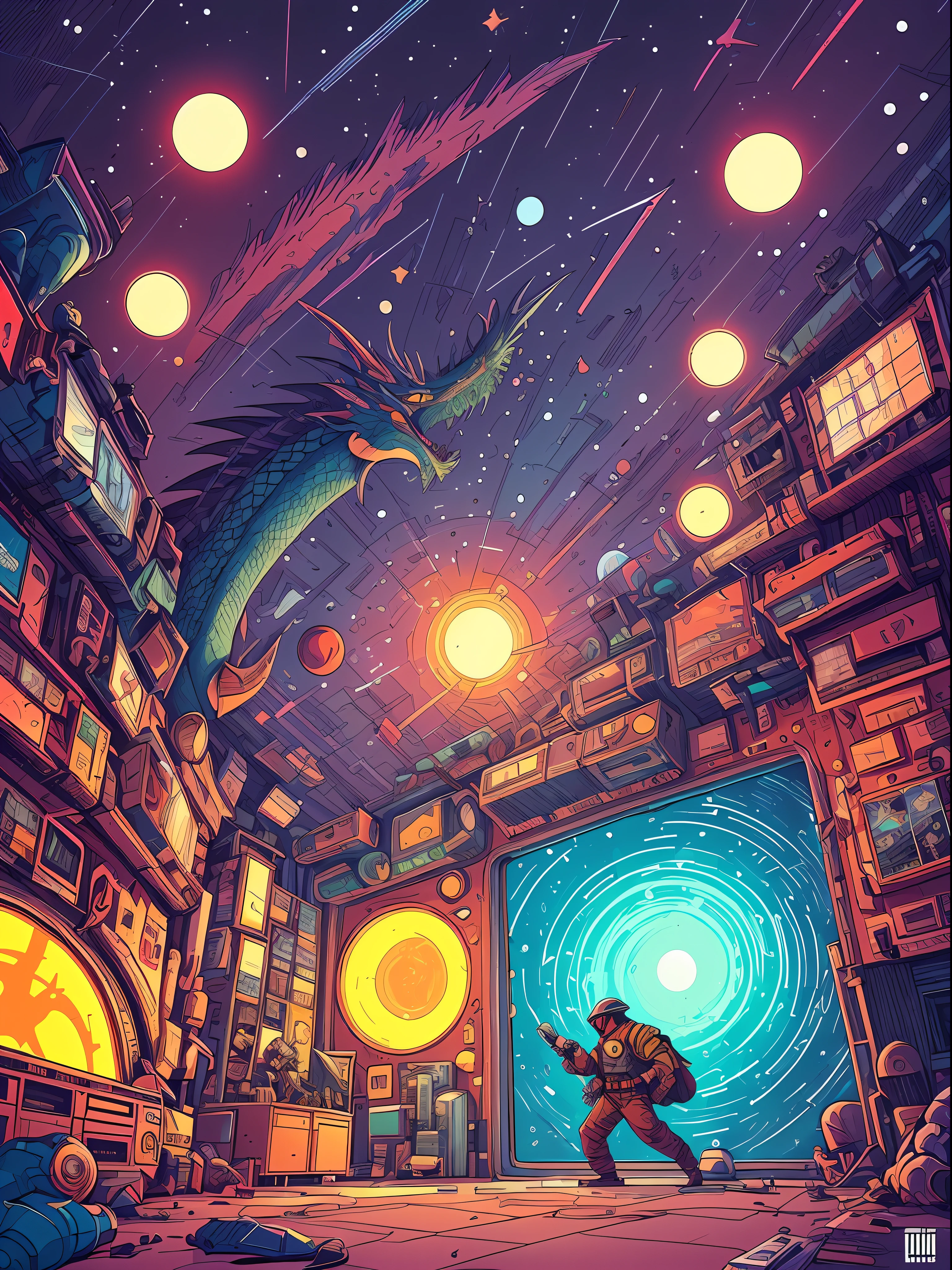 Photo of 1 dragon inside the space with a psychedelic backgroun, estilo de Laurie Greasley, ghibli studio, Akira Toriyama, Tiago Gilleard, Impacto Genshin, trending pixiv fanbox, 8k, cores vibrantes, Devinart, trending in the artstation