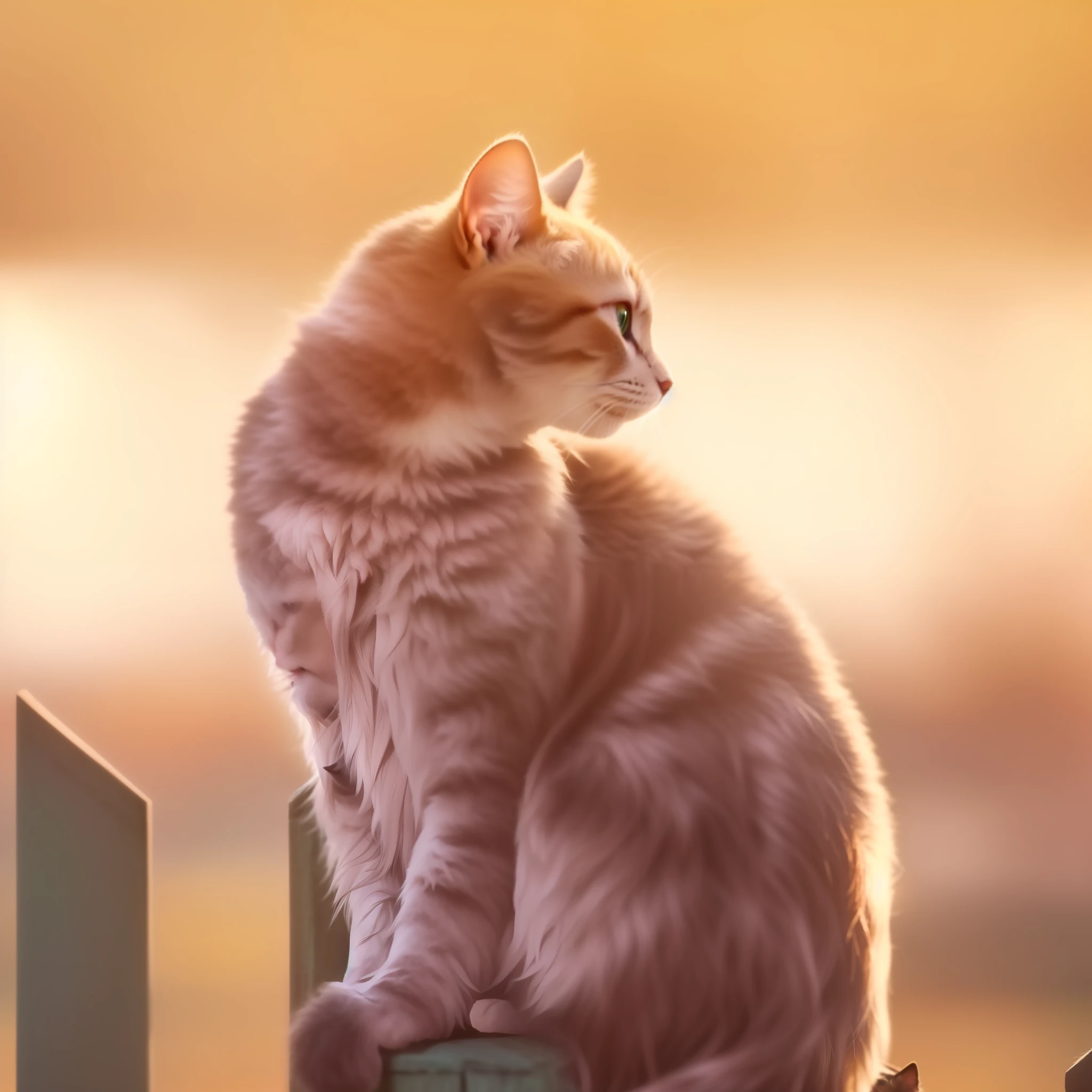 there is a cat sitting on a fence looking at the sun, watching the sunset, beautiful cat, awesome cat, golden morning light, looking out at a sunset, peaceful expression, Deep in thought, In the sun, thoughtful pose, in the golden hour, cute cat photo, Thoughtful ), A cute cat, Cute cat, sunny amber morning light, warm sundown，The pupils are large