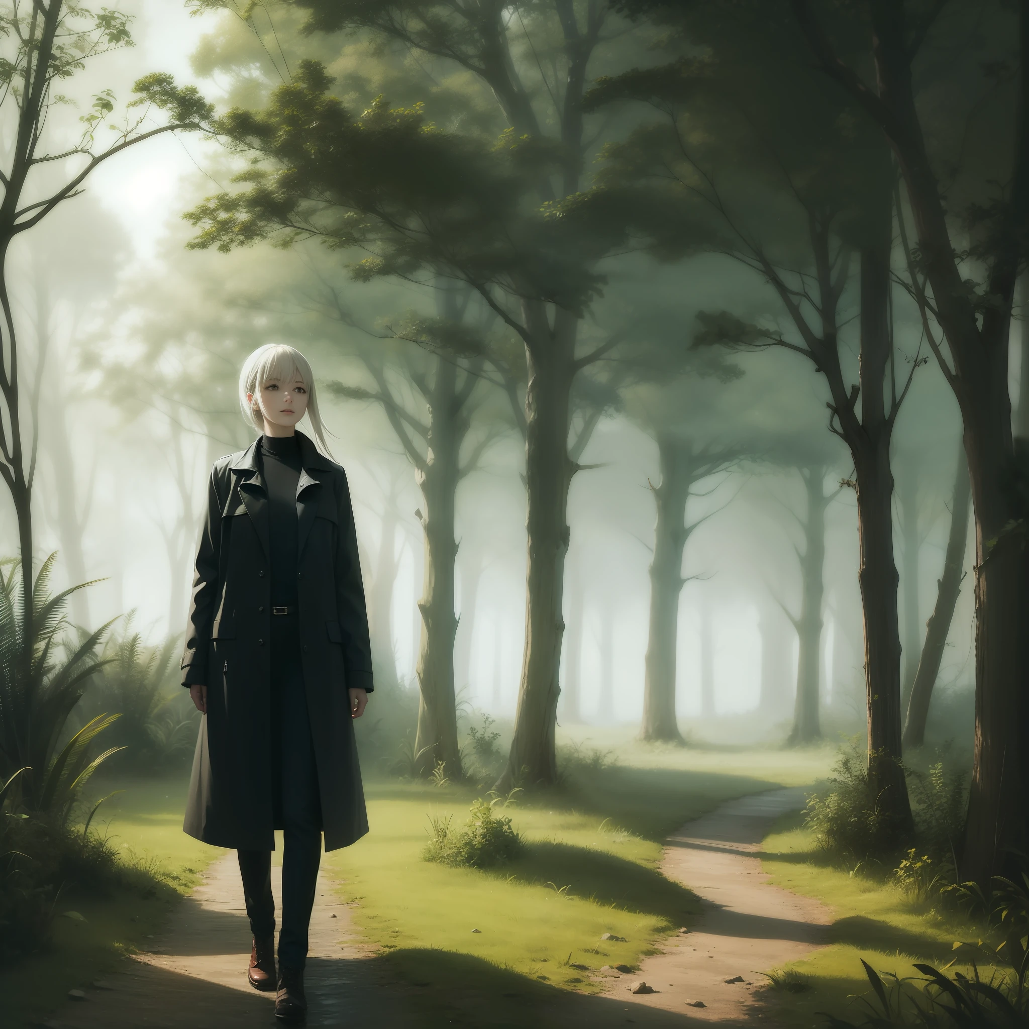 A woman with white hair and a black jacket walks in a deserted wild overgrown area,rainy days,Machinary,Technologie,A beautiful masterpiece