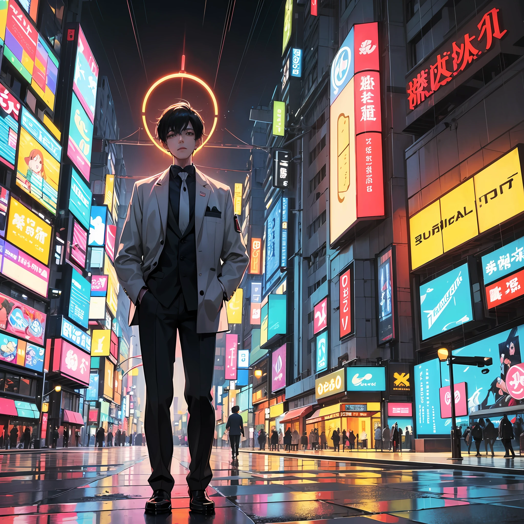 "An elegant man stands in the rain, looking pensive, with a cute aesthetic illustration style. The illustration is flat anime-inspired, with a stylized digital art twist. The overall look has a colorful and vibrant style, with a hint of cyberpunk flair." --auto