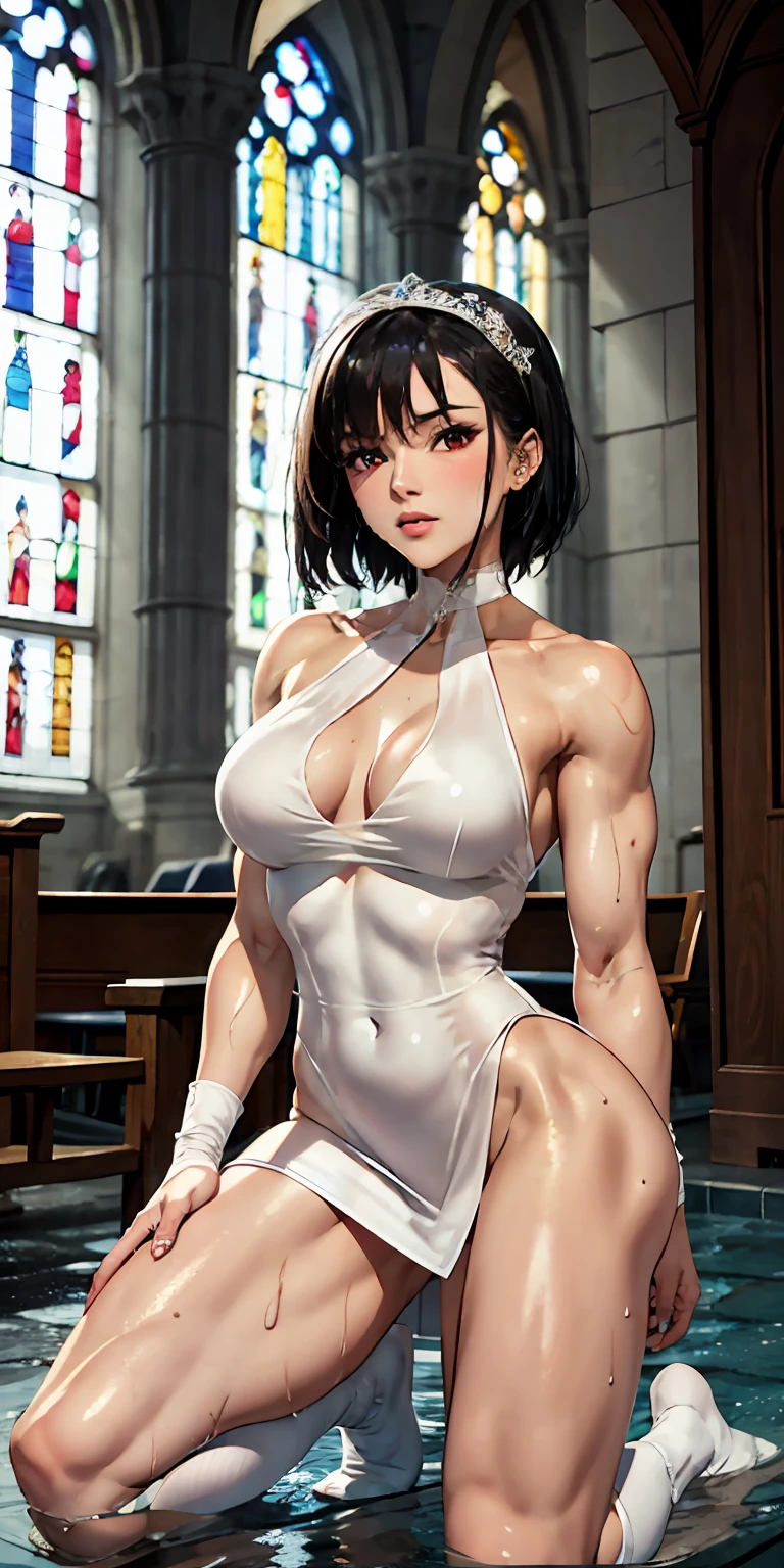 beautiful face, serious face, red, red eyes, perfect body, healthy body, abdomen, muscular, detailed body structure, all parts are clearly visible, bride outfit, wedding dress, wedding ceremony ,choker, white silk , sockings, crossfit, no boobs, undercut hair, short hair, ring , wet dress, water splashes, church process, standing on knees , kissing