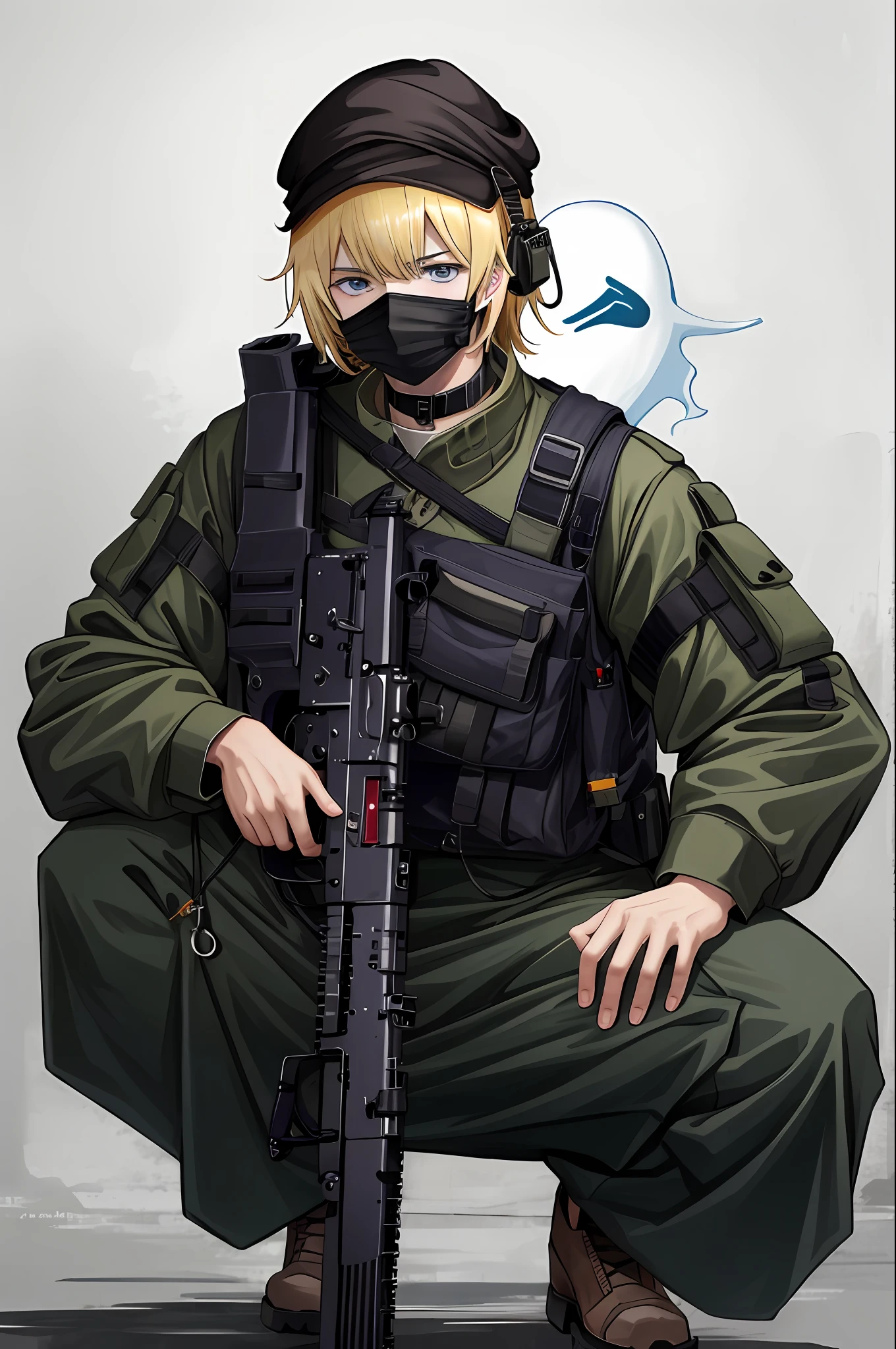 A high resolution,1male people,Military clothing,Ghost mask,masked,Red goggles,Armed with a sniper rifle,squatting pose,