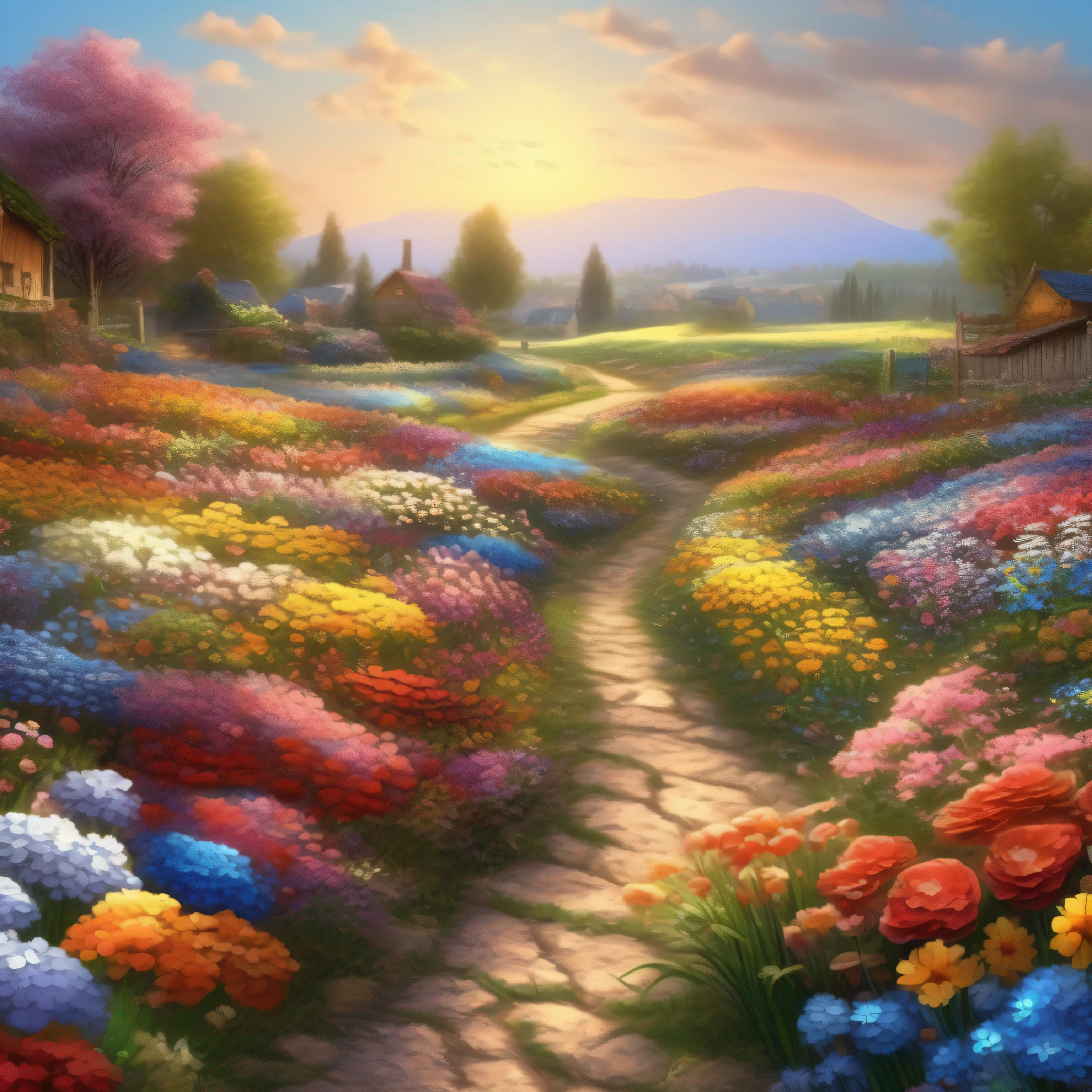 Beautiful scenery of flower fields, A flower path，blue-sky，Beautiful flowers，Beautiful art UHD 4 K, Detailed scenery —width 672, author：Franz Hergi, scenery art detailed, 8K high quality detailed art, 4k highly detailed digital art, beautiful high resolution, 4 k matte thomas kinkade，16:9