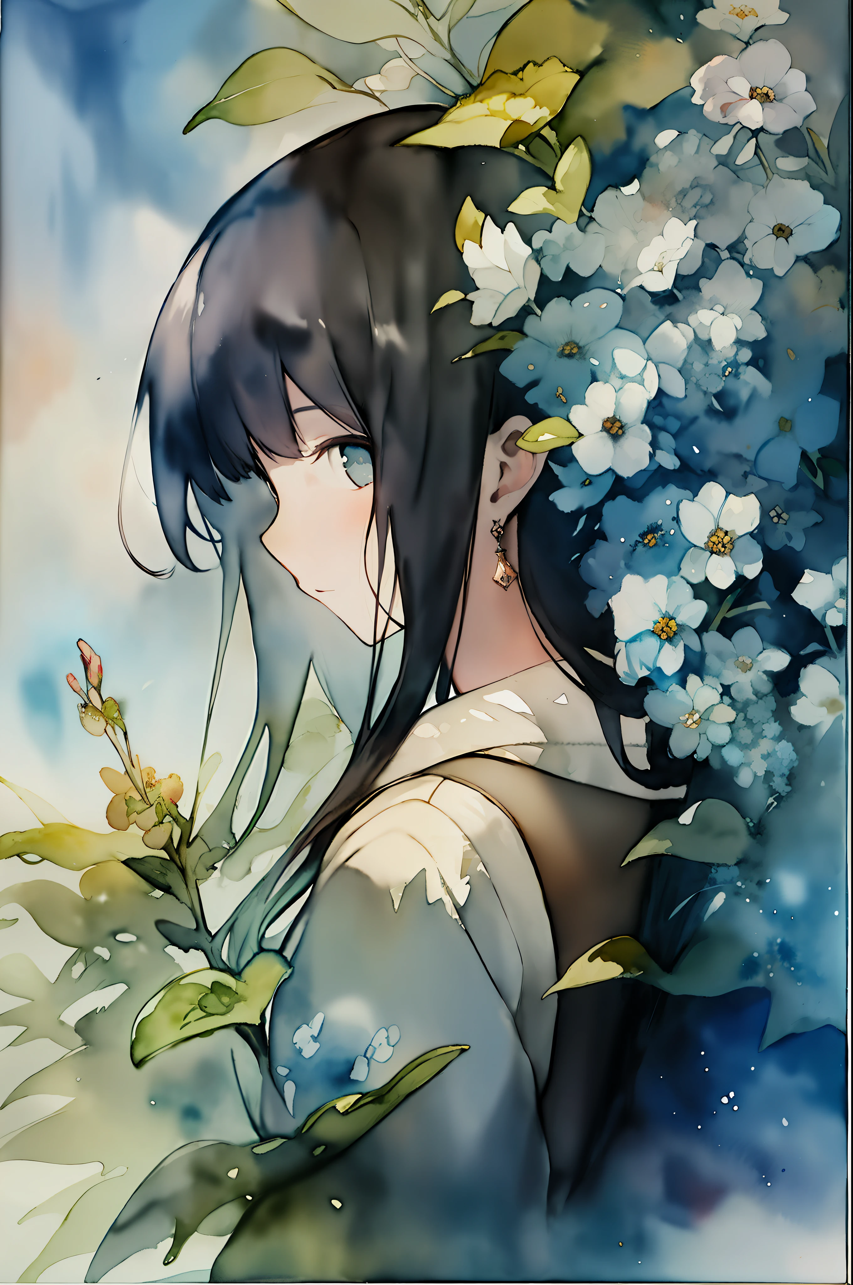 (watercolor:1.2),1girl, solo, kiriko，Black hair，florals，