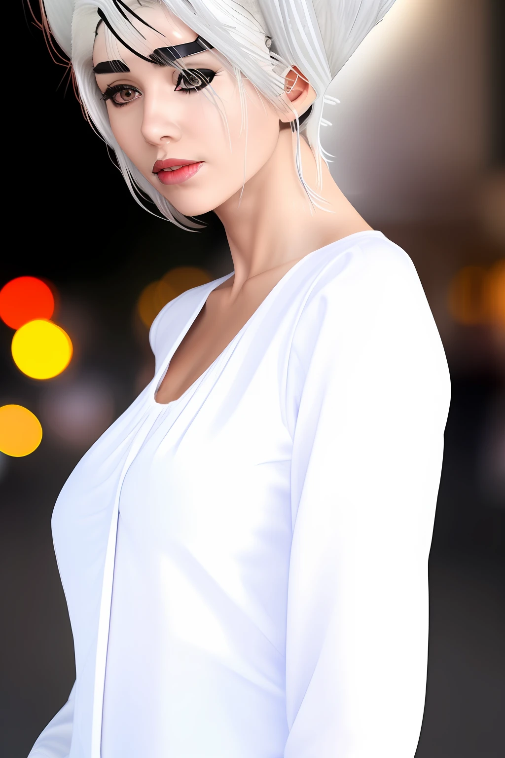 best quality, photorealistic, 8k, high res, 1girl, woman,(skindentation), (large breast), (professional lighting, bokeh), (street), (people, crowds:0.6), market, (night:1.2),(white hair:2.0), (blouse:1.5), (portait:0.6), gorgeous, bloom, (floating hair),(light particles, lens flare, glowing particles:0.6), (dynamic pose:1.2), soft lighting,