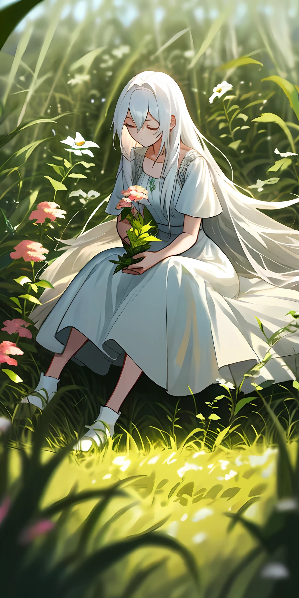 (tmasterpiece,best qualtiy),1 girl with long white hair sitting in a field of greenery and flowers,She holds a toy in her hand,warmly lit,white dresses,Blurred foreground