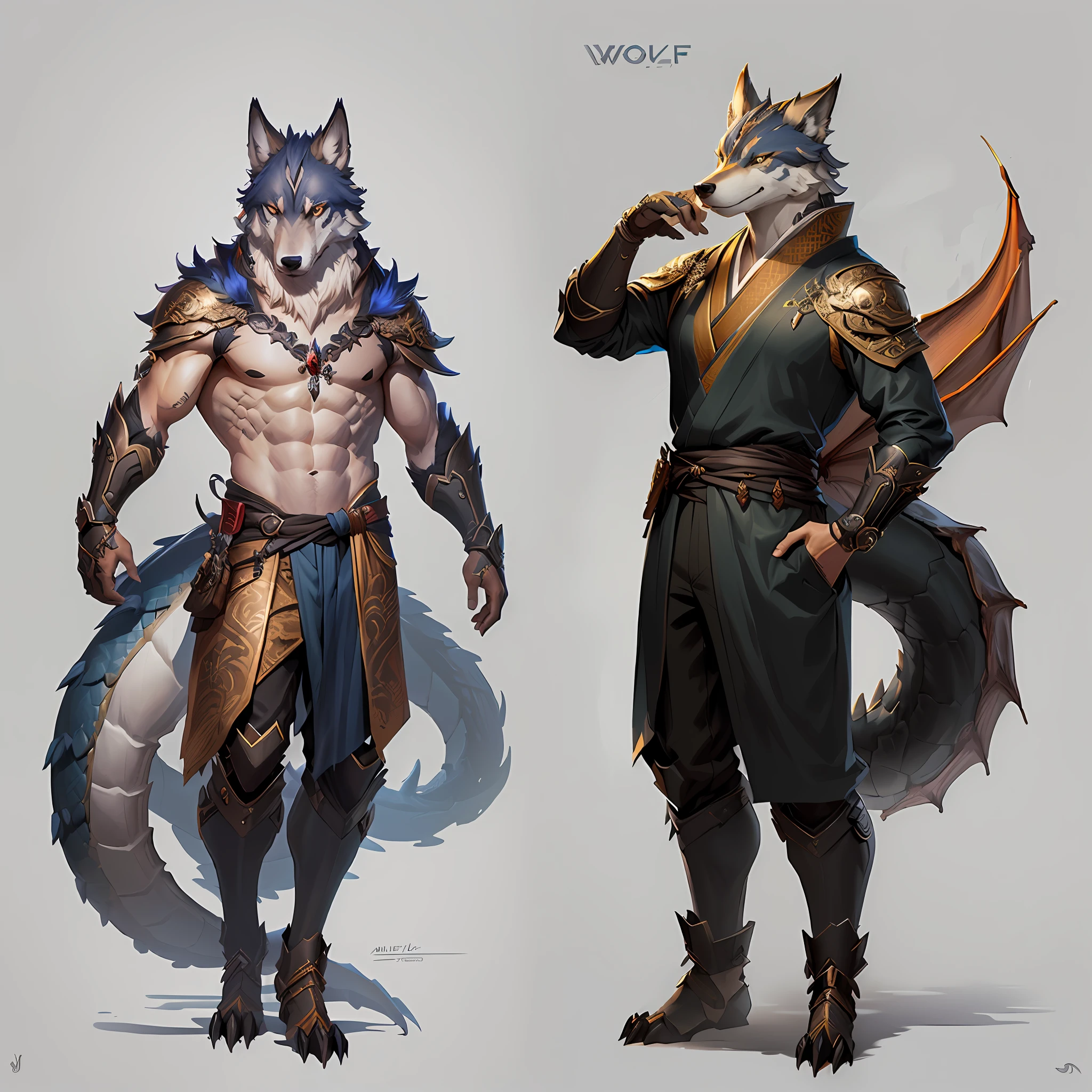 detailed full body concept art, anthro concept art, detailed full-body concept, full body concept art, anthropomorphic wolf male, full body character concept, anthro dragon art, Detailed characters,Anthropomorphic dragon males,in a kimono