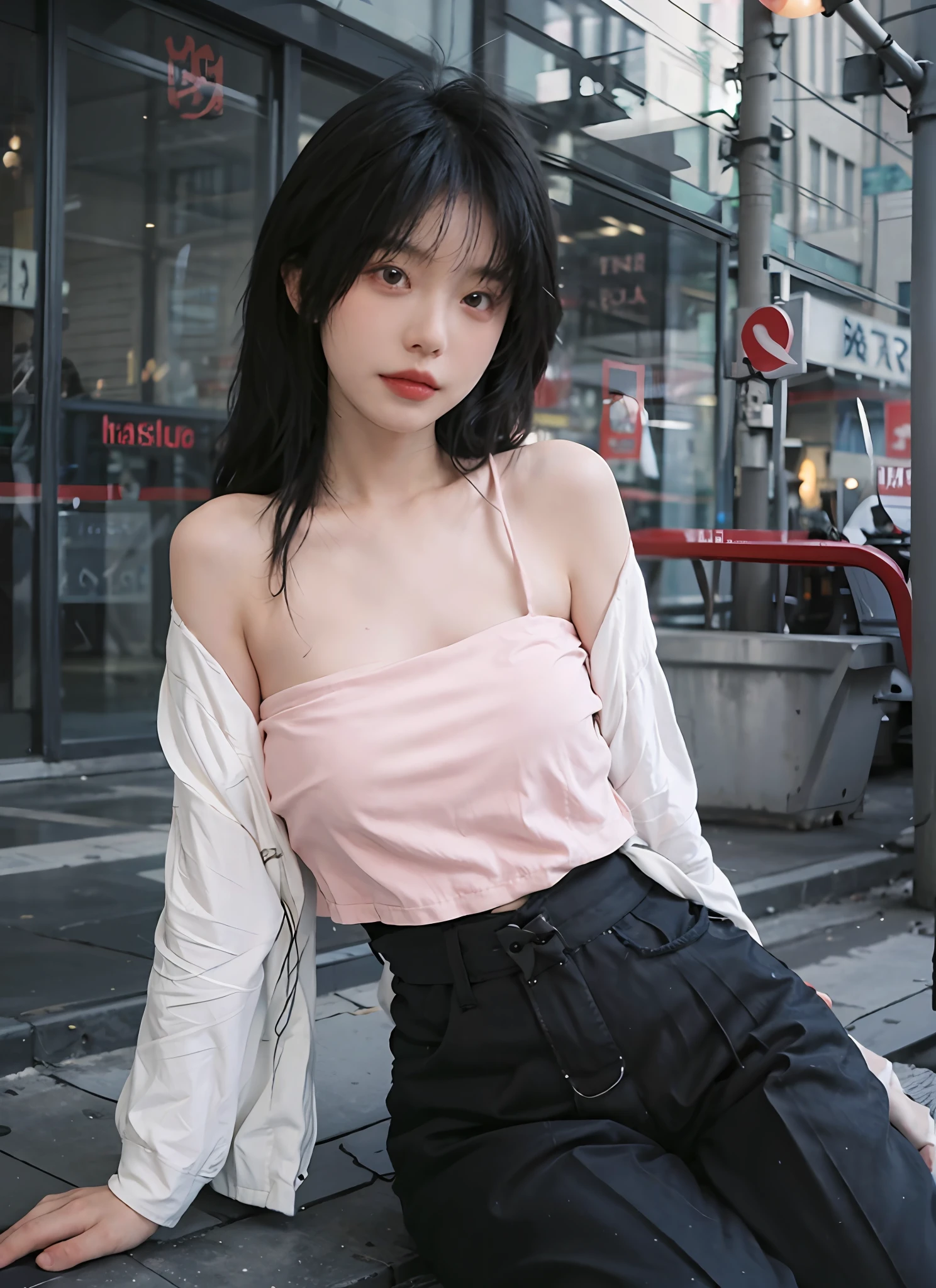 best quailty,tmasterpiece,Super-High Resolution,(true to life:1.4),1girl huge large breasts,oral sexy,(Pink bandeau top:1.5),(Short black pants:1.3),Pink patterned bandeau top,Open black coat,natta, Sitting charmingly on a tall building,Glowing skin,detailed eye, 二重まぶた,length hair,fair white skin, Long thin legs