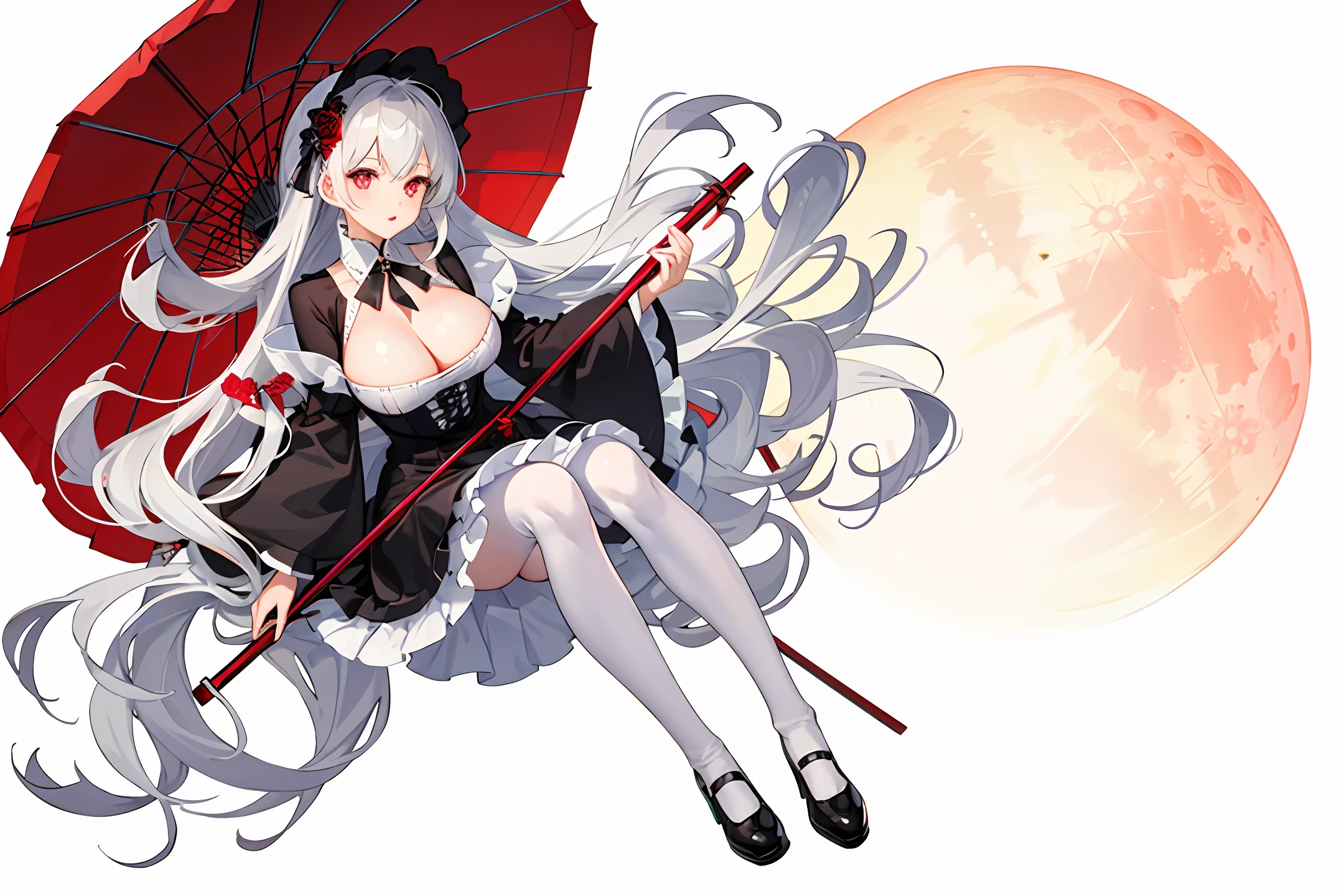 Lori huge breasts cleavage，White Very Long Hair，Rosa flowers，dual horsetail，red led eyes，Gothic red and white Lolita，white stockings，Black leather shoes，Red umbrella，starrysky，Red Moon，Red garbled characters