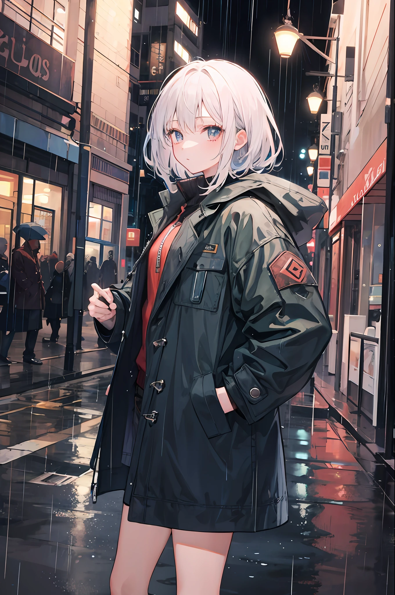 1girl, Night City, rain, coat, hands in pockets