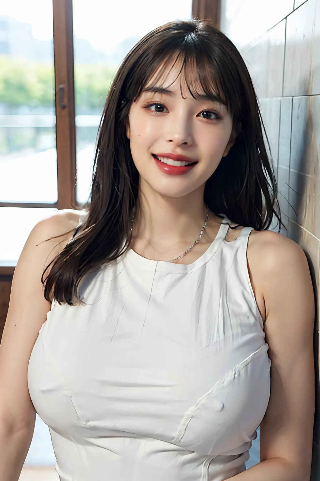 (A hyper-realistic), (illustratio), (hight resolution), (8K), (enormously detailed), (The best illustrations), (beautiful detailed eye), (beste-Qualit), (ultra-detailliert), (masterpiece), (wall-paper), (details face)、Upper body close-up,Armpit, A smile,Plump,独奏,Girl in a tight white tank top with open chest, full of sweat, japanes, large full breasts, (camel's toe)、gigantic-breast、Detailed, well-groomed white teeth、Ultimate Beauty、shot on the Canon EOS R 6、full of sweat、(beautiful detailed teeth)、Silver necklace、Park with sunshine in the background、No up、