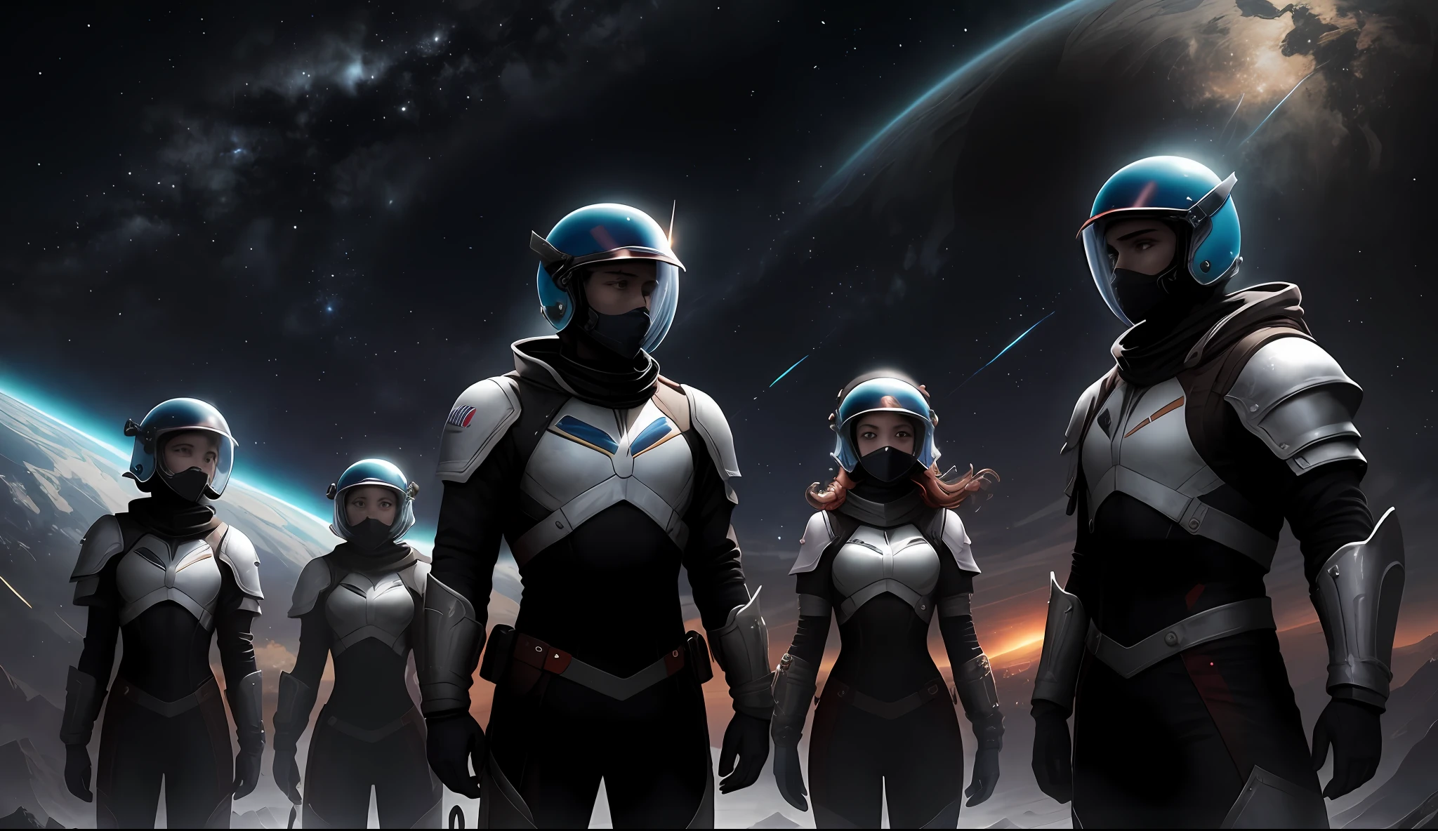 Two boys and two girls with medium breasts, eles tem aproximadamente 20 anos cada,em um planeta, ao fundo o planeta terra e ao seu lado uma esfera amarela brilhante um pouco menor, The young people are in futuristic pilot clothes and like armor, The clothes are each of a color, The young people have their helmets in their hands