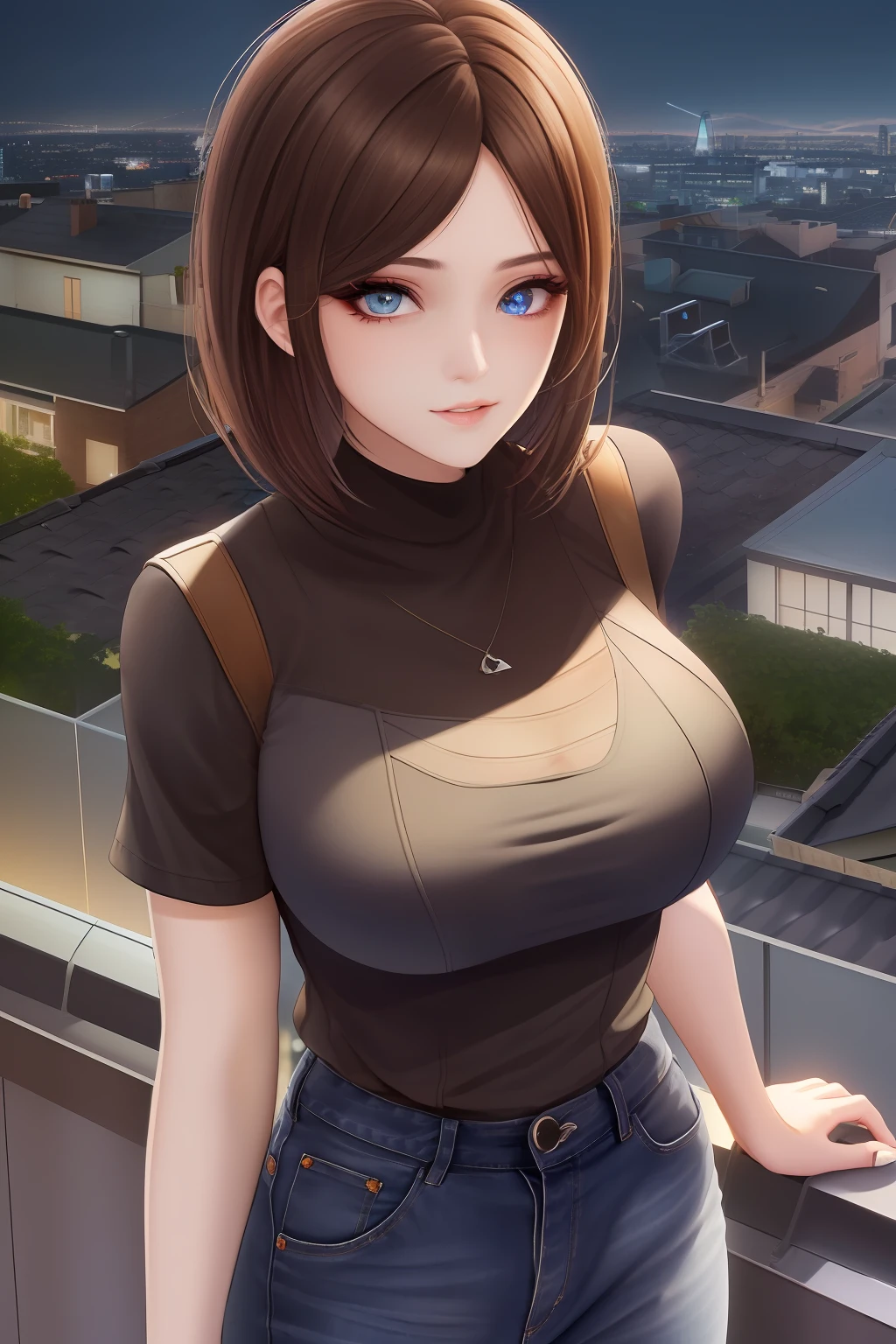 ((Midnight, Best quality, 8k, Masterpiece :1.3)), Whole body, Long legs, Sharp focus :1.2, A pretty woman with perfect figure :1.4, Slender abs :1.1, ((Dark brown hair, Big breasts :1.2)), (White tight tshirt, Jean bib, Standing:1.2), ((Night city view, Rooftop:1.3)), Highly detailed face and skin texture, Detailed eyes, Double eyelid