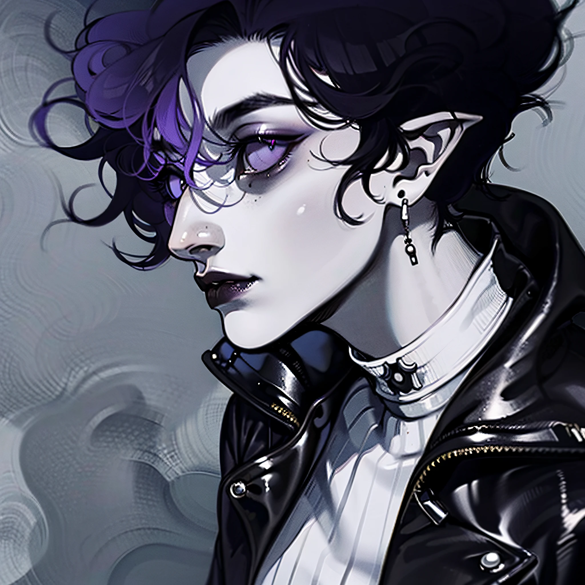 (ultra-detailed CG unity 8k wallpaper, Masterpiece, Best Quality, many intricate details),(Dark background, demonic reference),(1girl, Demon, dark skin, pale eyes, shaved temples, muscled body, leather jacket),(独奏),(femininity, Beautiful facial features, dark makeup, nose with a hump), one girls, burning empty eyes, Detailed Face, many details, detailled eyes, night city, face profile, looking at the stars (black hair| purple hair)