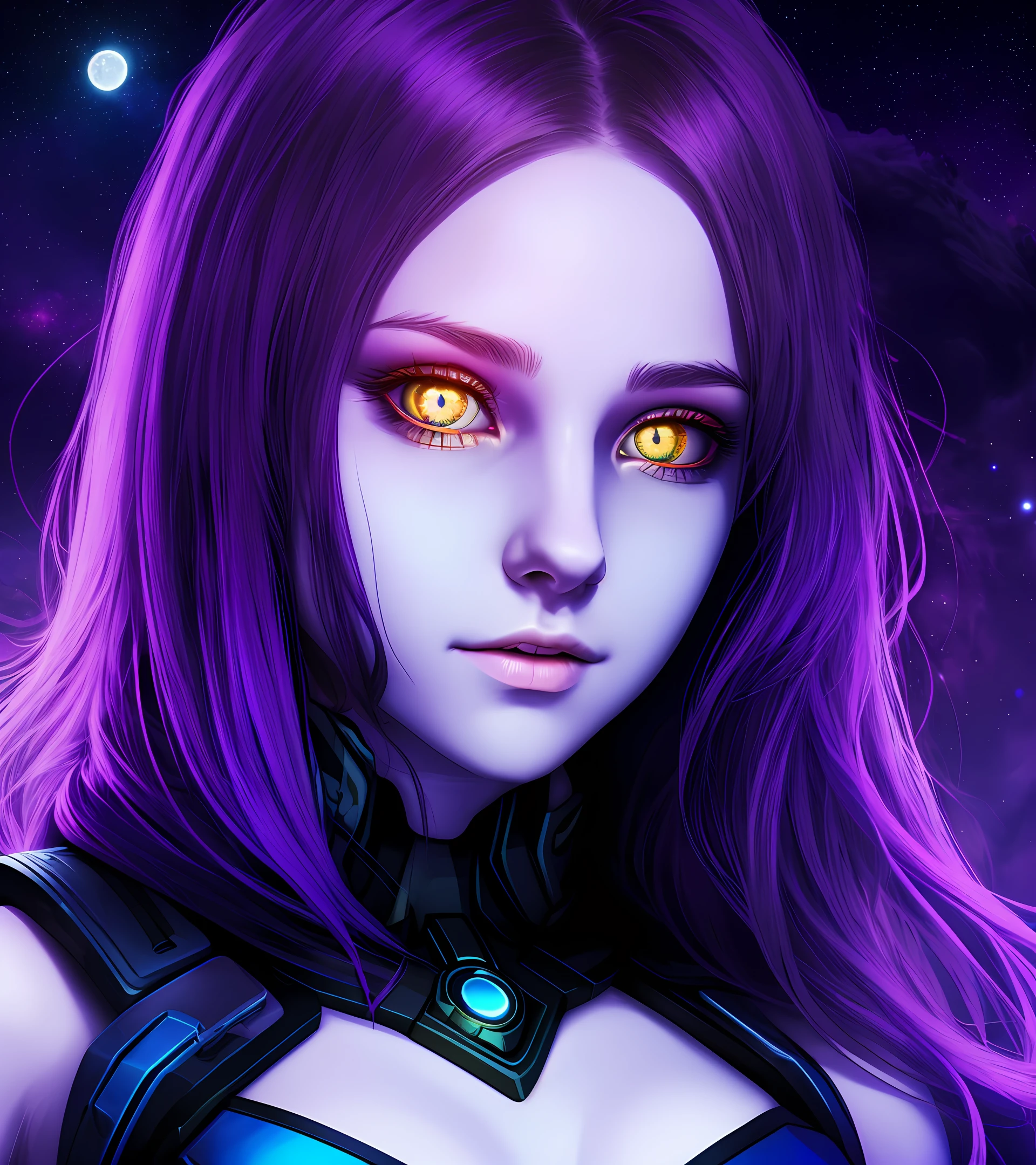 universes，the future，evolved，purpleish color，mistic，Technologie，gene，Purple night pupils，teens girl，Golden pupils，themoon，sci fi background