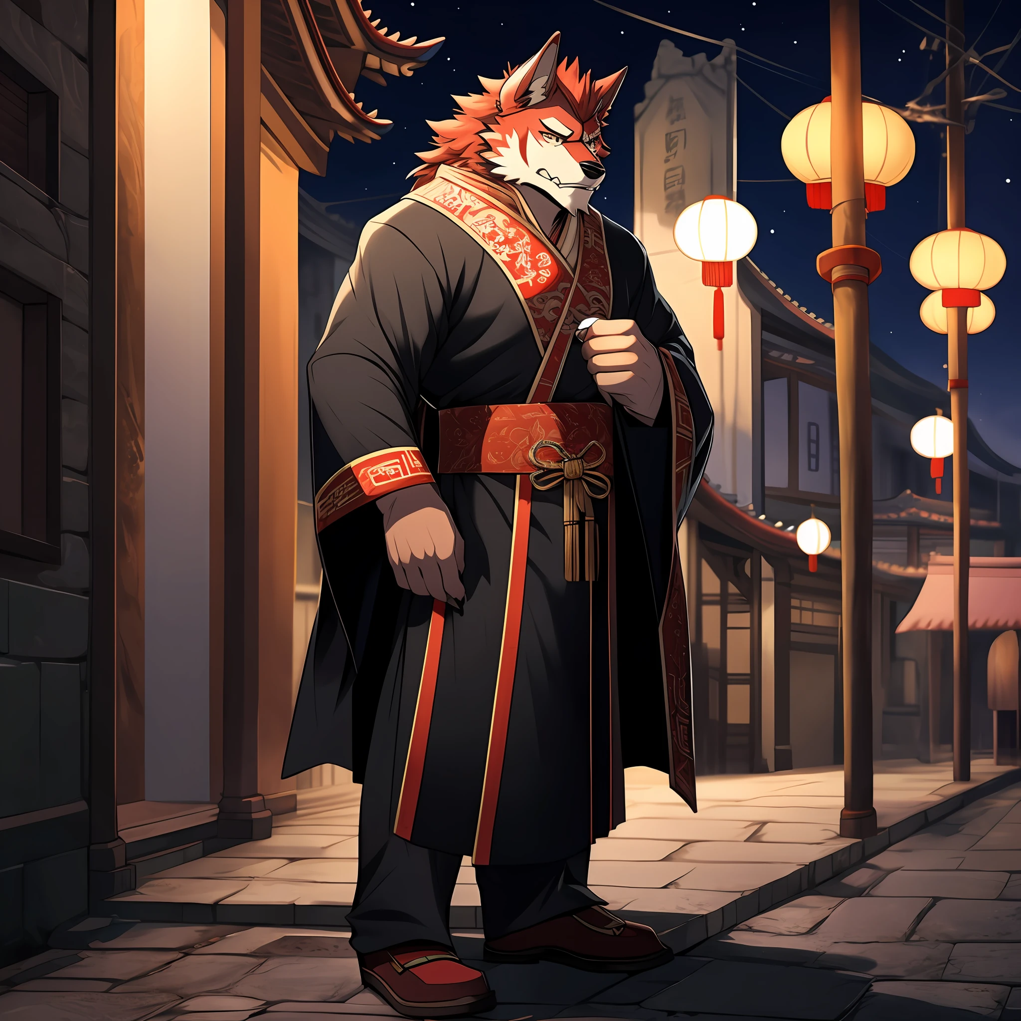 A red werewolf with dark red hair and muscular standing on the street at night,A melancholy expression appeared on his face,He wore ancient Chinese general clothing,Canine teeth slightly exposed,He was a great general a thousand years ago,There is a visible scar on the right eye(由Null-Ghost:0.5)
