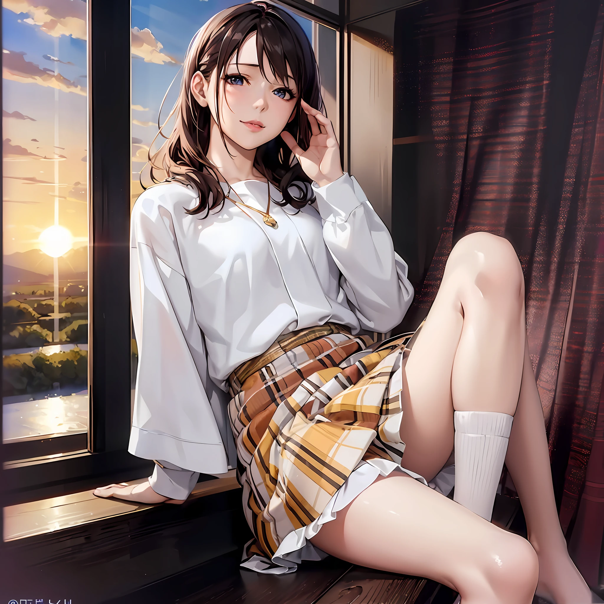 Anime girl sitting on windowsill，Legs crossed, Smooth anime CG art, Surrealism female students, Surrealism female students, Beautiful anime girl, Realistic schoolgirl, Beautiful Anime High School Girls, ssmile，Soft lighting, attractive anime girls, trending on cgstation, Cute anime girl, anime visual of a cute girl, Makoto Shinkai. A digital rendering，Sunrise outside the window