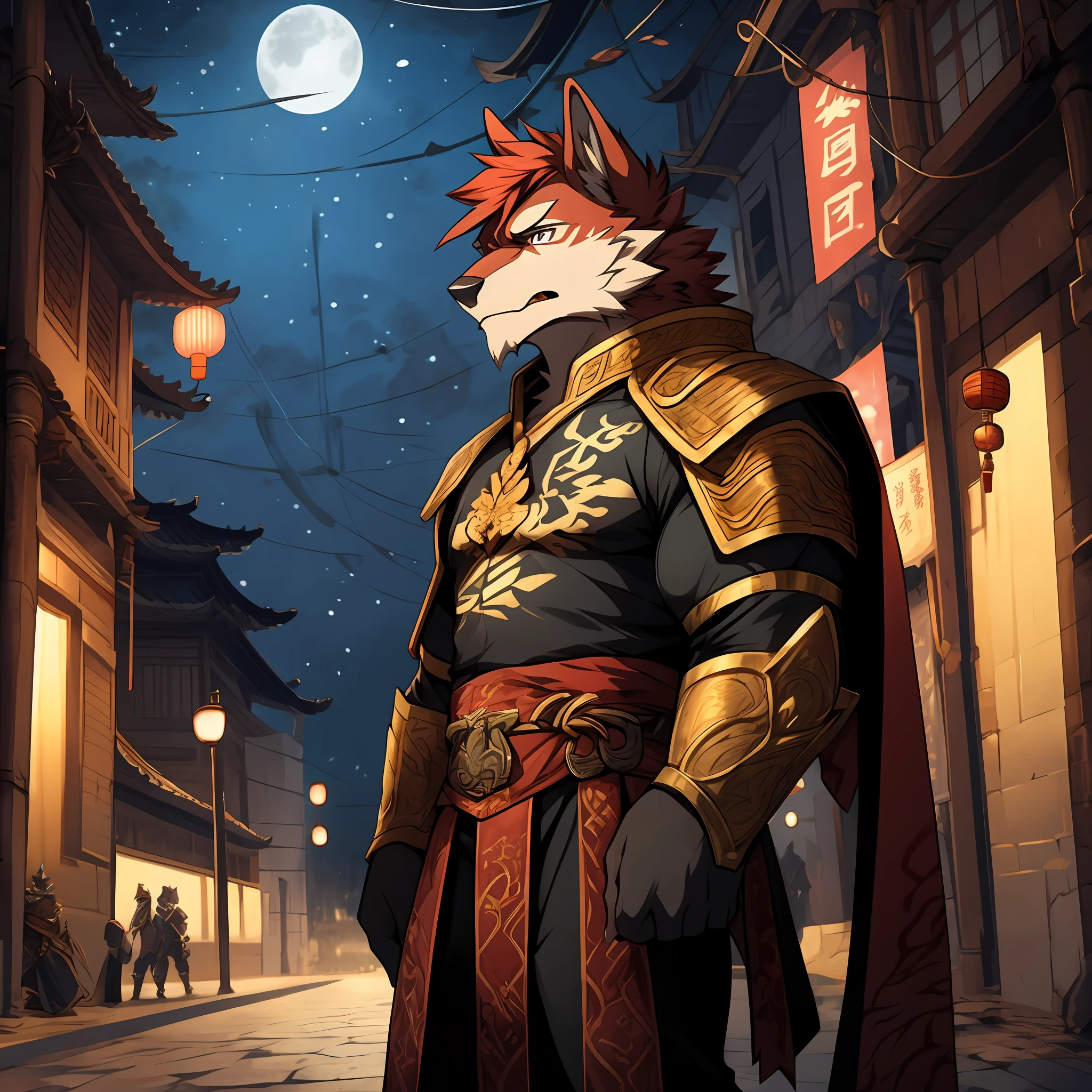 A red werewolf with dark red hair and muscular standing on the street at night，A melancholy expression appeared on his face，He wore ancient Chinese general armor，The corners of the mouth are slightly melancholy，Two bites of a cherry，He was a great general a thousand years ago，There is a visible scar on the right eye，dynamicposes（由Null-Ghost：0.5）