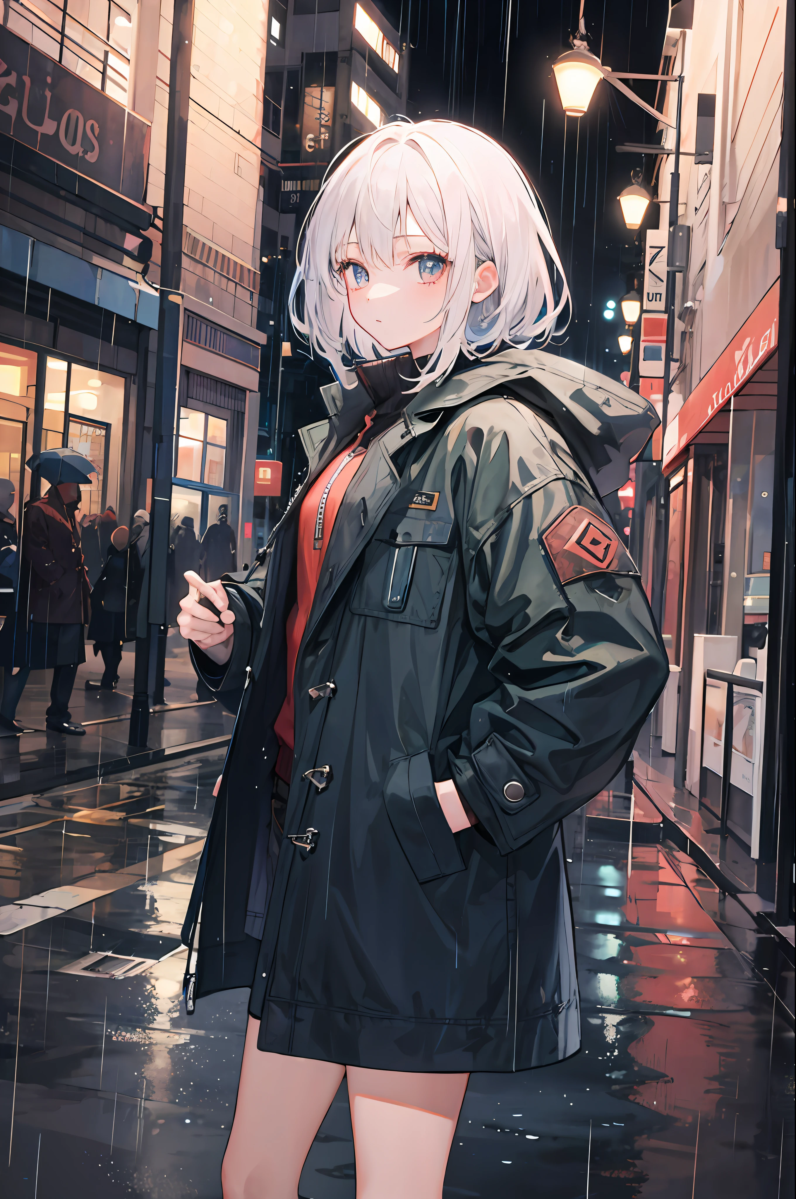 1girl, Night City, rain, coat, hands in pockets