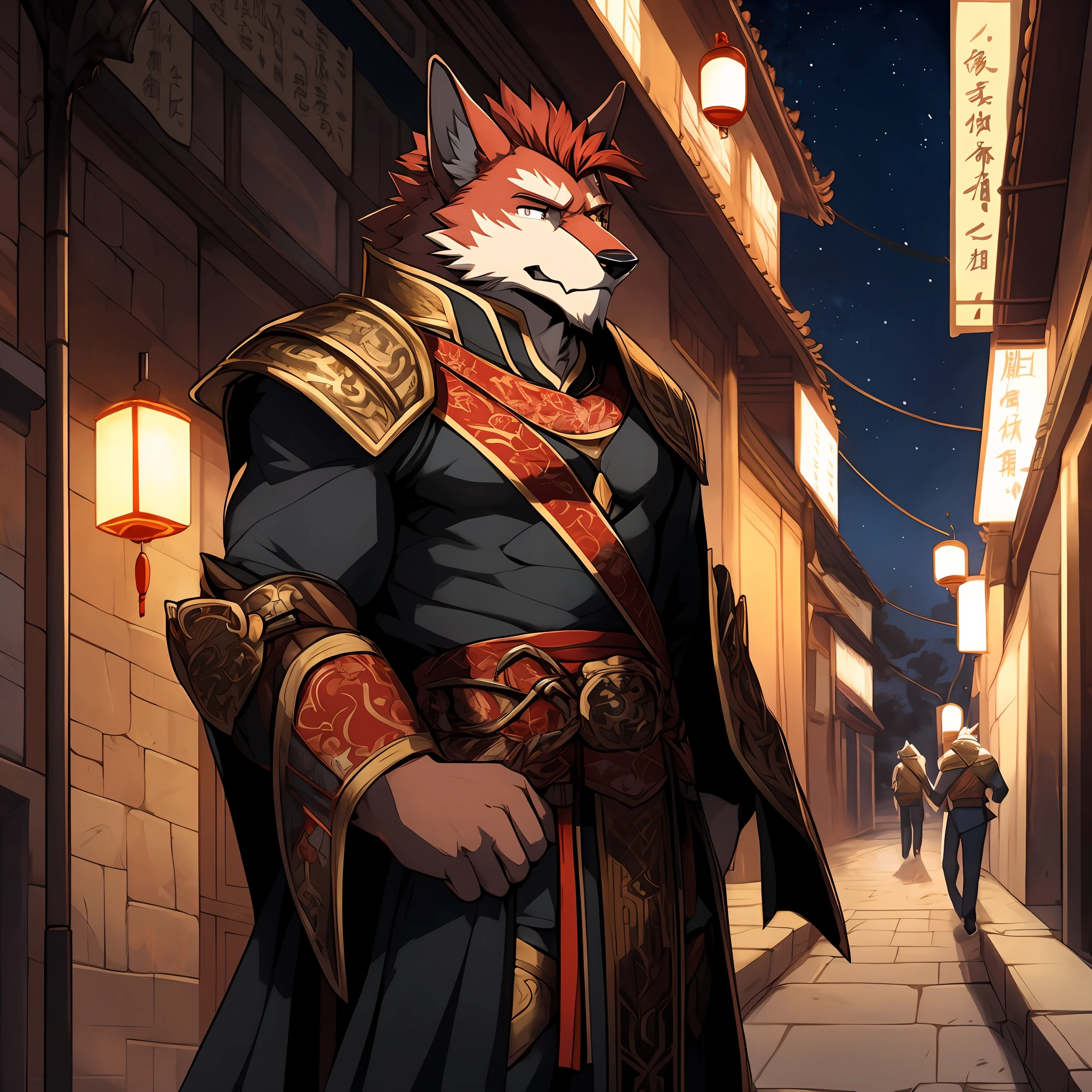 A red werewolf with dark red hair and muscular standing on the street at night,A melancholy expression appeared on his face,He wore ancient Chinese general armor,The corners of the mouth are slightly melancholy,Two bites of a cherry,He was a great general a thousand years ago,There is a visible scar on the right eye,dynamicposes(由Null-Ghost:0.5)