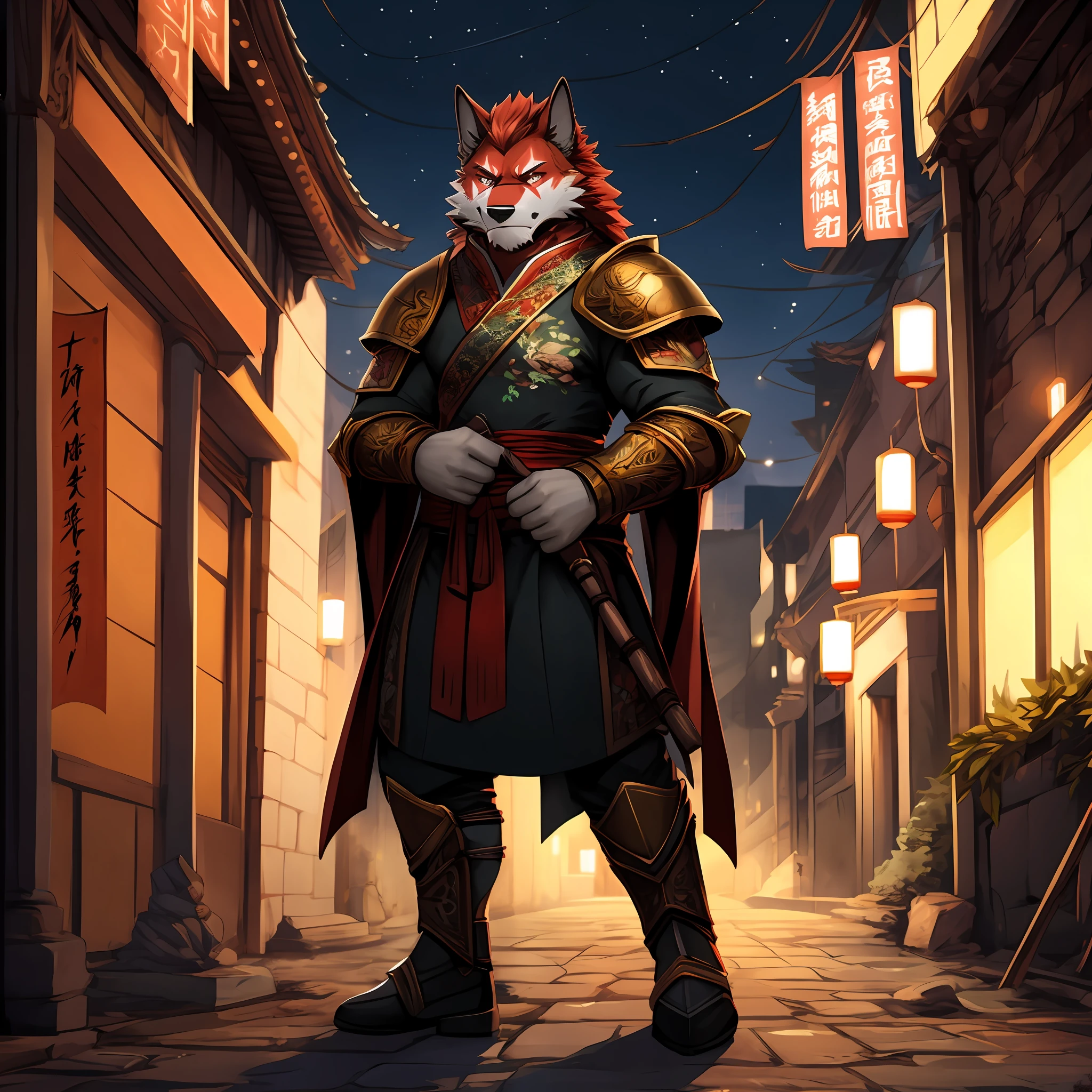 A red werewolf with dark red hair and muscular standing on the street at night,A melancholy expression appeared on his face,He wore ancient Chinese general armor,The corners of the mouth are slightly melancholy,Two bites of a cherry,He was a great general a thousand years ago,There is a visible scar on the right eye,dynamicposes(由Null-Ghost:0.5)