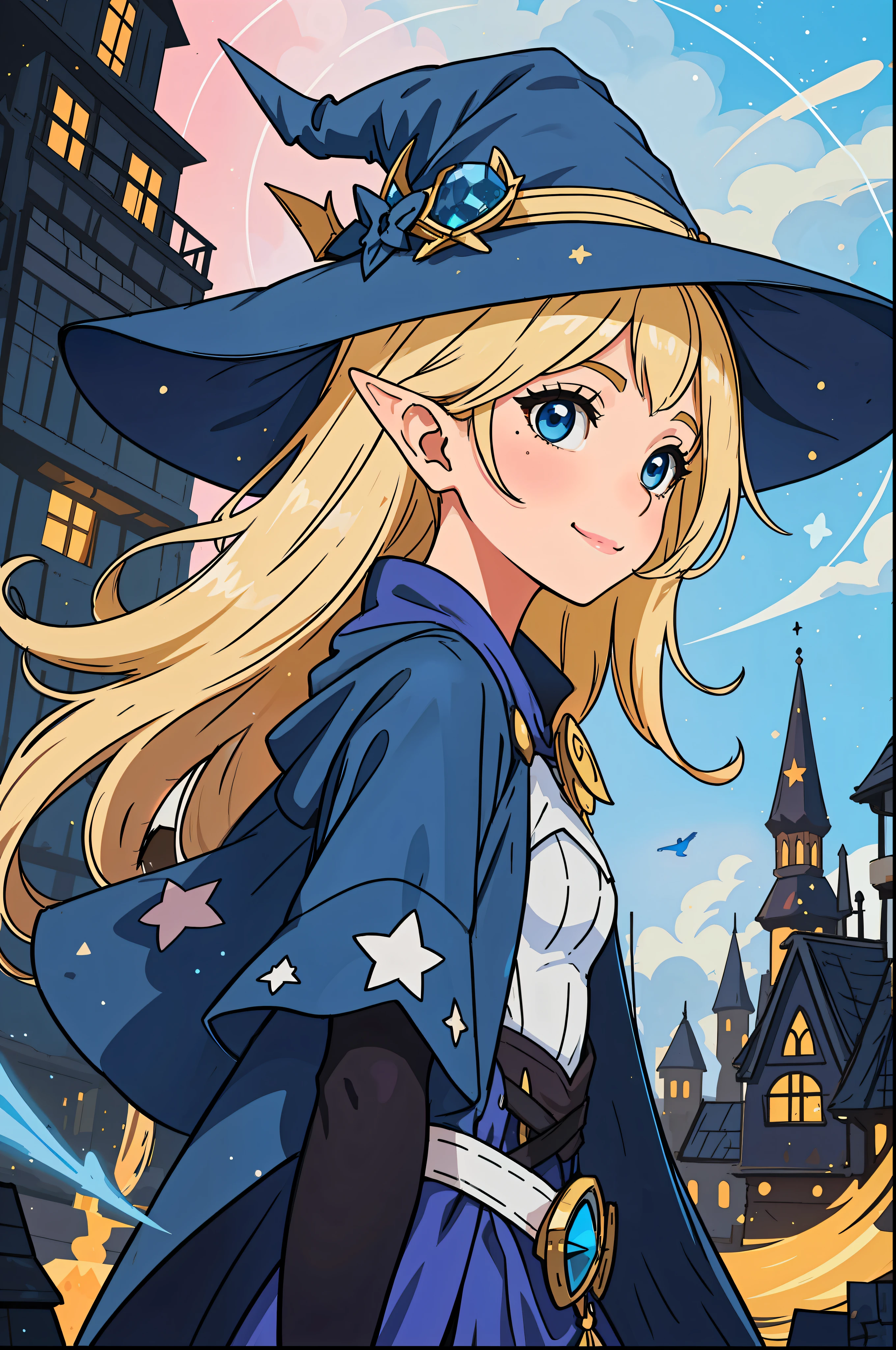 The perfect masterpiece,Highest quality,Perfect artwork,8K,Upper Body Lens,front portrait,Delicate face,Face Close-up,Watching the audience, Wizard apprentice girl,(pointy royal blue witch hat:1.3),(white star print on hat:0.8),Magical transparent eyes,(dirty blonde hair:1.2),(young:1.4),(small breasts:1.3),large eyes,happy,warm smile,slender,slim build,thin waist,(💖:1.3),Digital Art,plane illustrations,colorful illustration,minimalist style,anime cartoon style,glowing magical effects, fantasy city background, elf ears